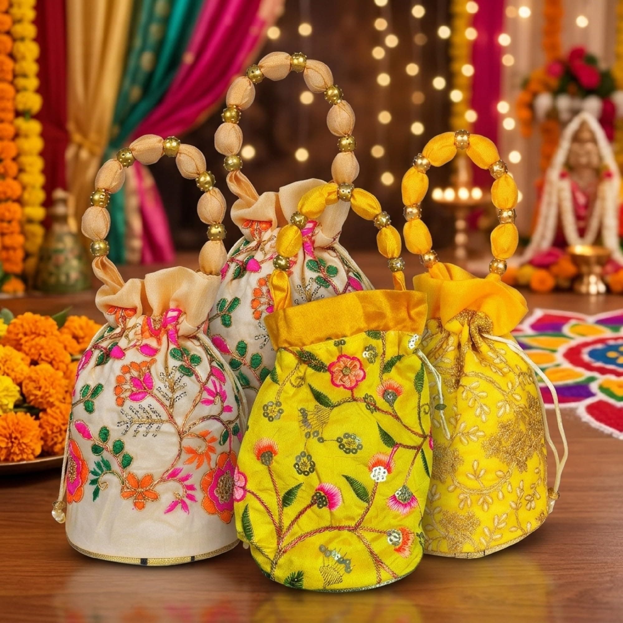 Habba Embroidered Potli Bag with Handle, Drawstring Closure, Compact Ethnic Festive Shagun & Return Gift Bag for Women, Weddings, Mehendi, Haldi Kumkum, Diwali, Navratri, Baby Showers, Pack of 5 thumbnail 1
