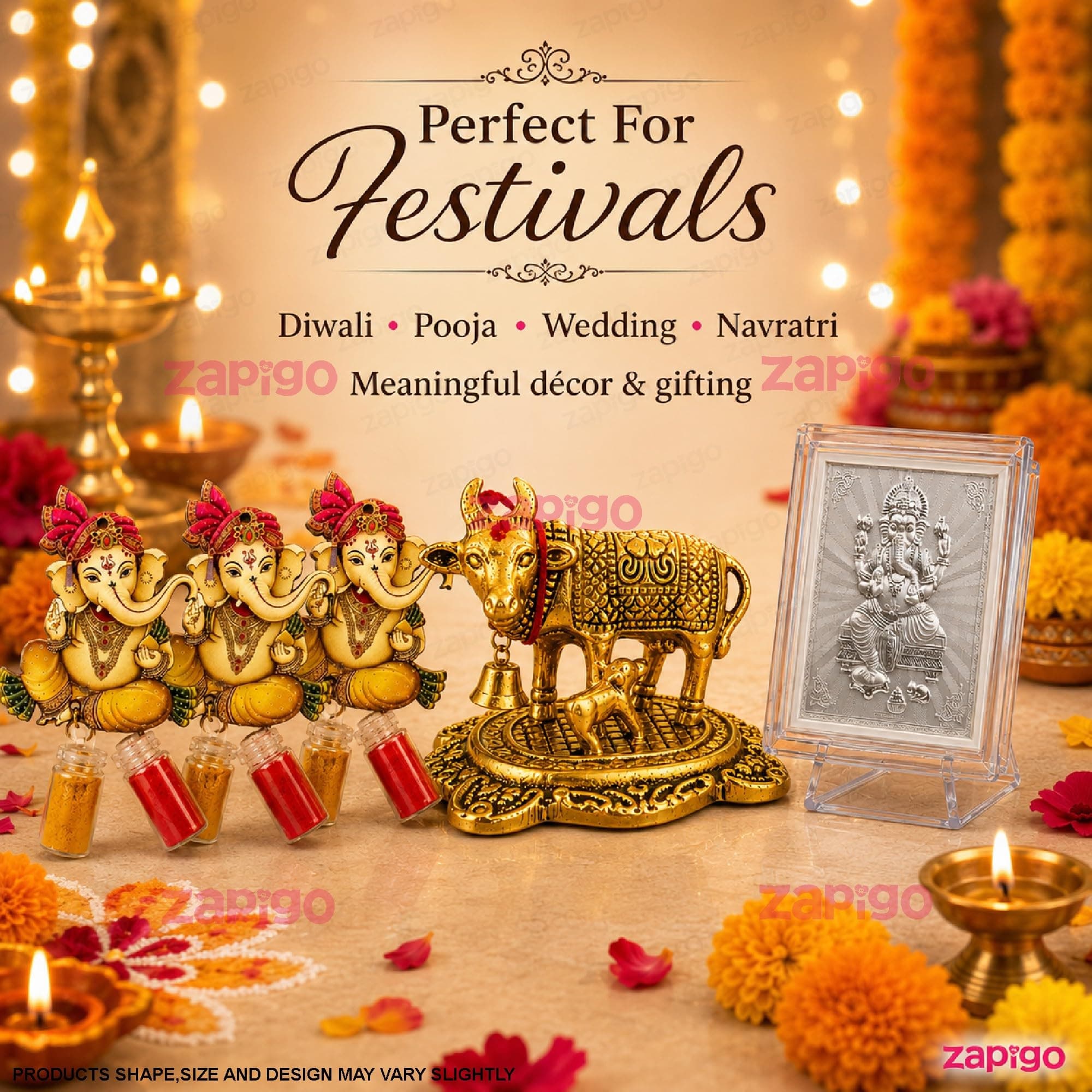 Habba Ganesha Frame with Kumkum Set and Cow Statue, Traditional Haldi Kumkum Tambulam Hamper for Ganesh Chaturthi, Varalakshmi Vratham, Weddings, Baby Showers, Griha Pravesh, Festivals, Pack of 5 thumbnail 3