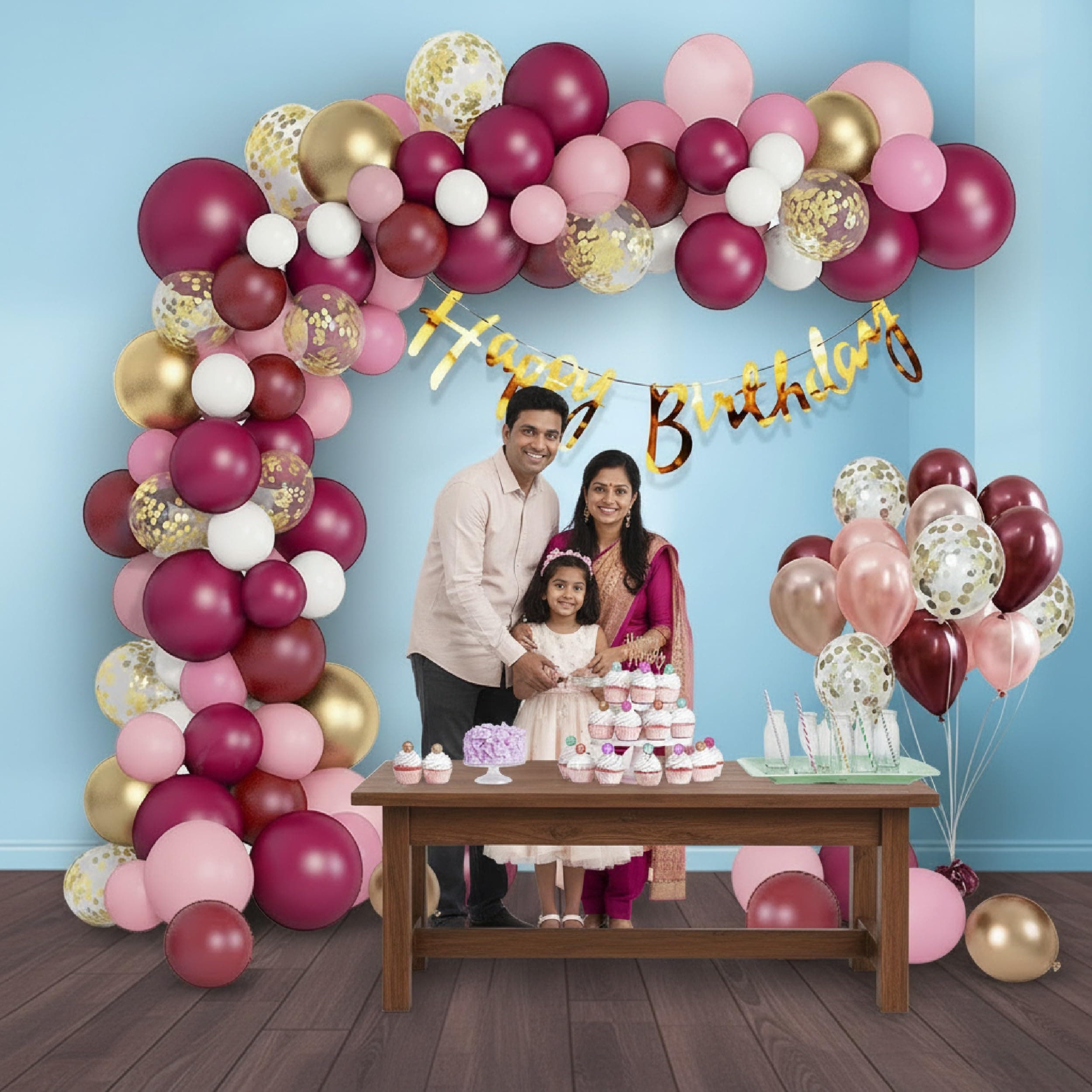 Balloonistics 63 Pcs Burgundy & Pink Birthday Decoration Kit for Women – Happy Birthday Banner, Gold Confetti Balloons & Arch Strip – Elegant Decor for Wife, Mom or Daughter thumbnail 3