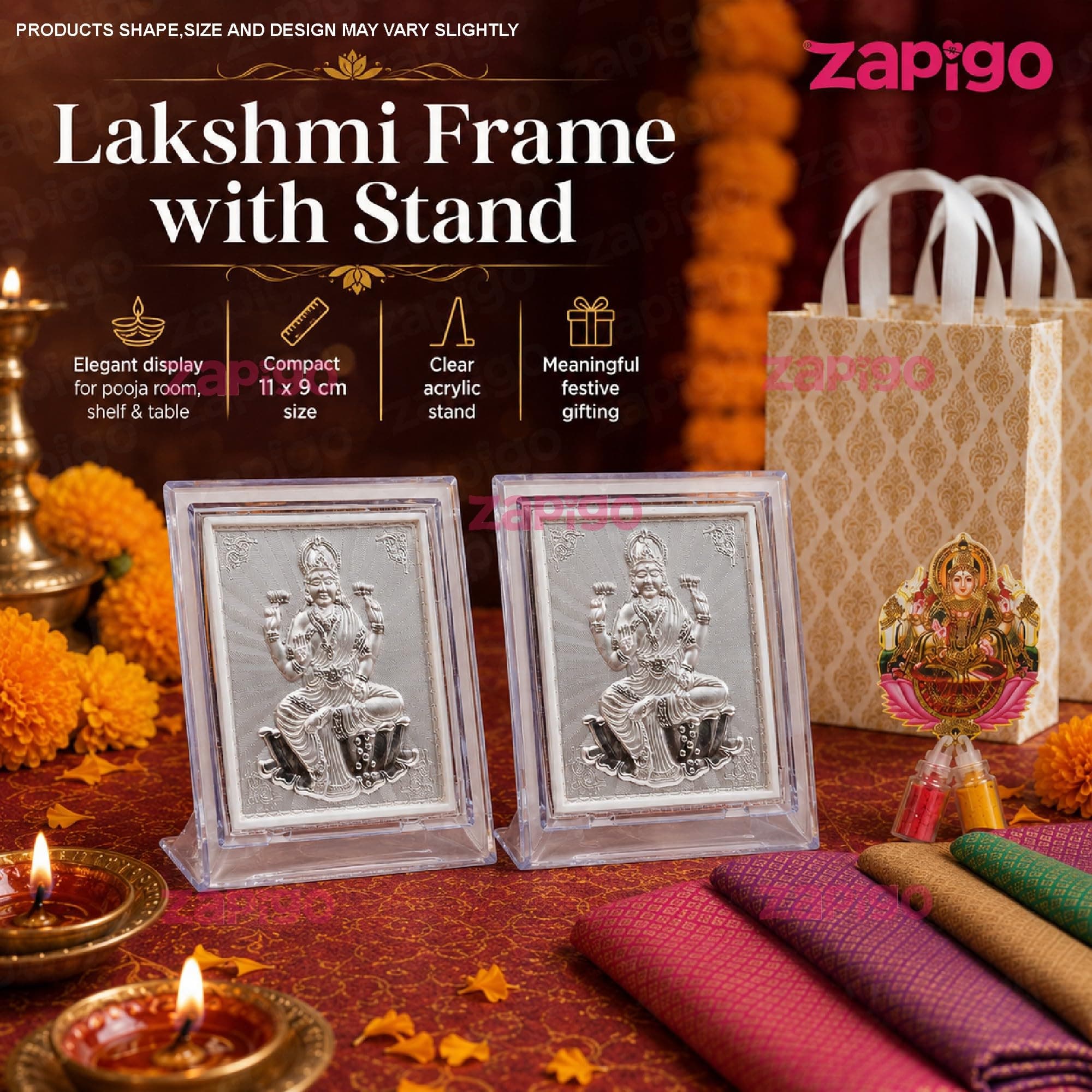 Habba Lakshmi Frame Pooja Return Gift Combo for Women, Lakshmi Kumkum, Carry Bag, Blouse Piece, Traditional Tamboolam Hamper for Varalakshmi Vratham, Weddings, Festivals, Pack of 5 thumbnail 3