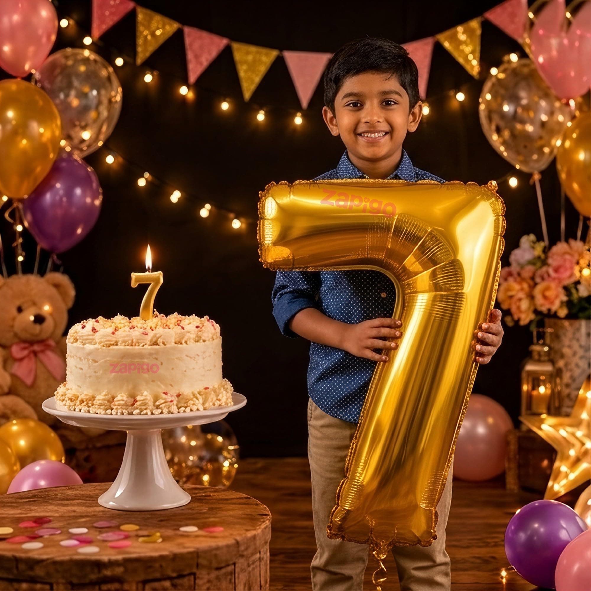 Balloonistics Gold 40-Inch Foil Number 7 Balloon with Matching Number Candle - Combo Set for 7th Birthday, Anniversary, Party Decoration, Photo Booth Backdrop, Cake Table Decor thumbnail 1