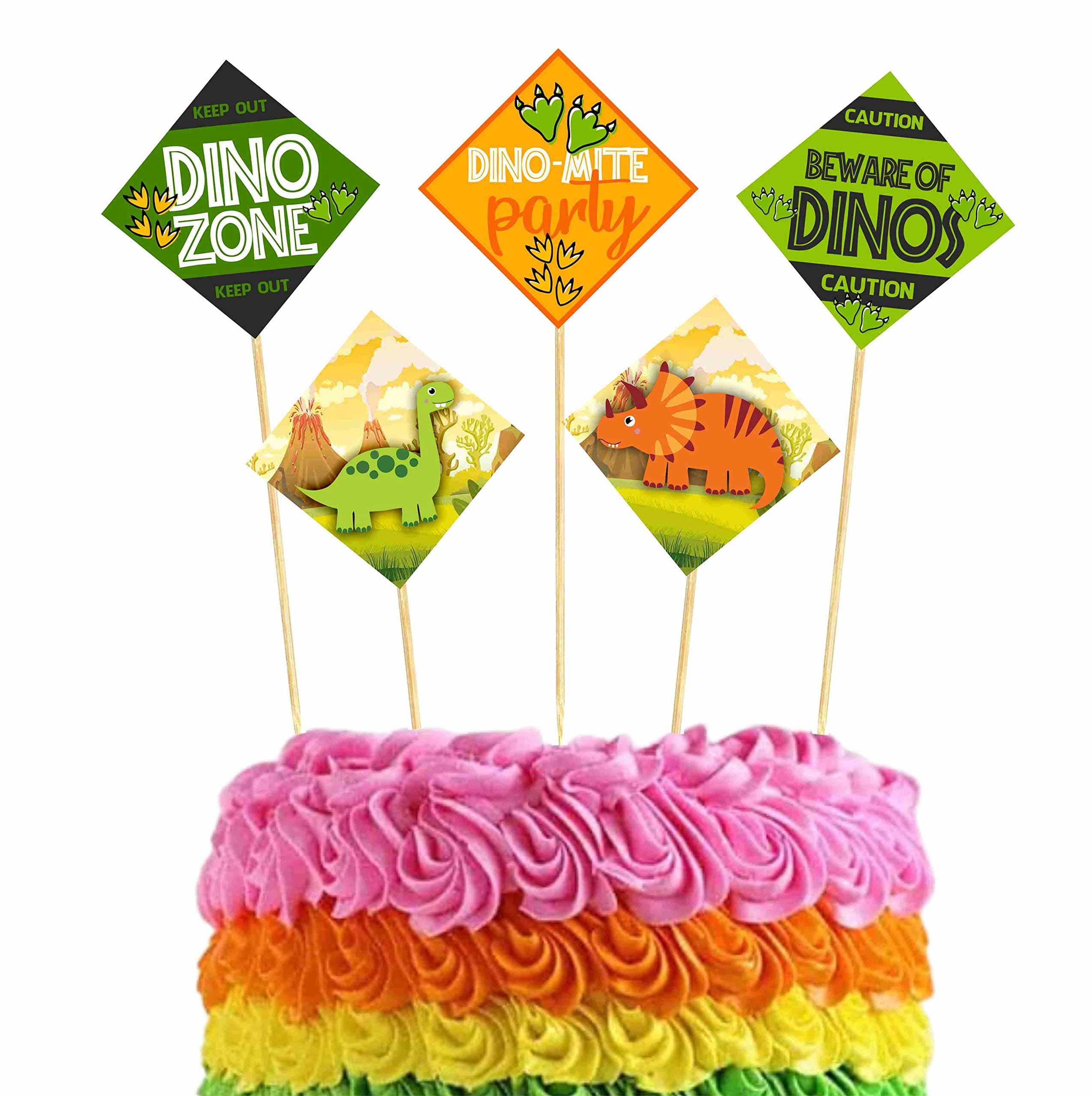 Balloonistics Dinosaur Theme Cake Topper Set Premium Cardstock Dino Theme Cake Decorations with Bamboo Sticks Party Supplies for Kids Birthday (Cake Topper - Pack of 10)