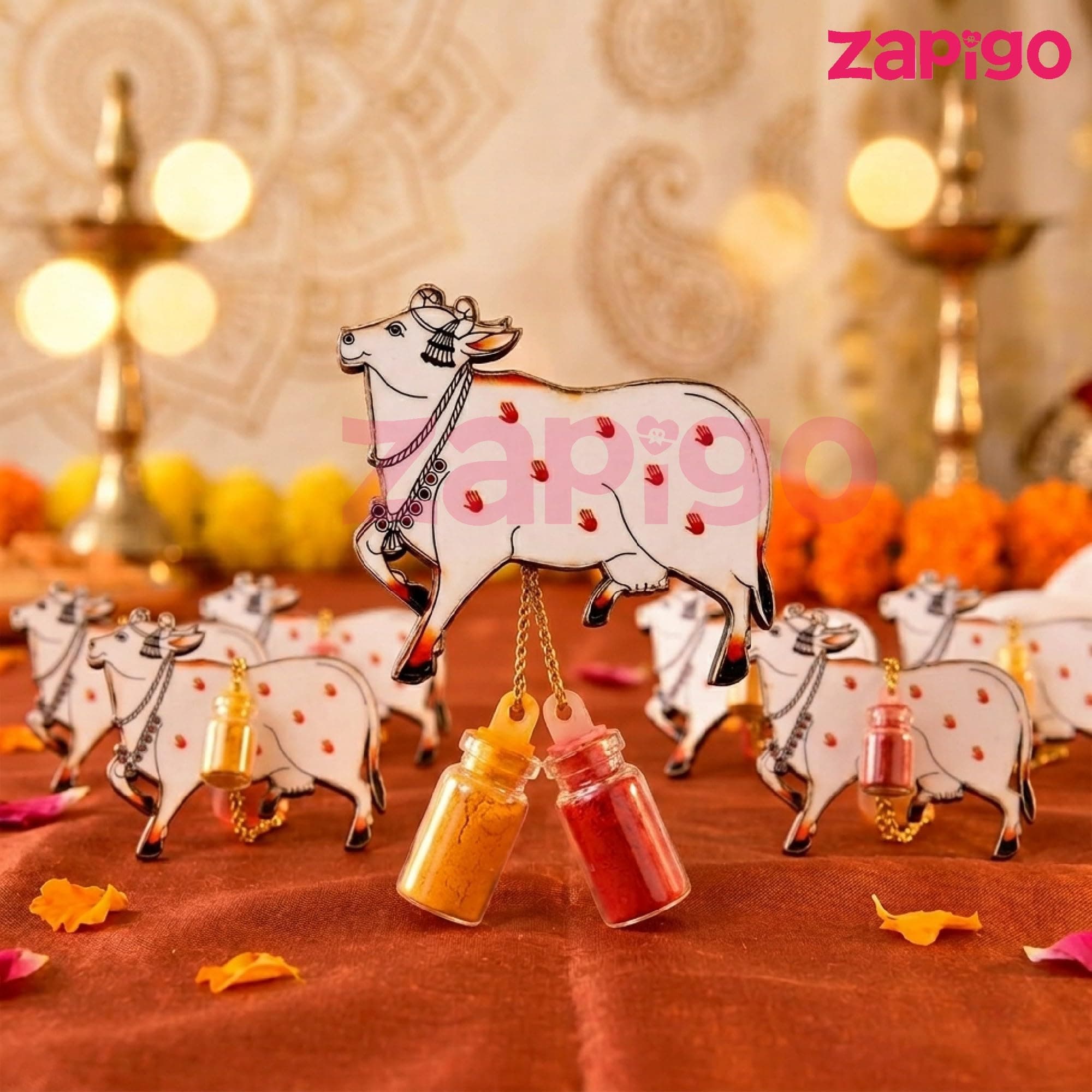 Habba Cow Design Haldi Kumkum Set, Pasupu Kumkum Dome Glass Bottle, Traditional Pooja Return Gift for Diwali, Navratri, Varalakshmi Vratham, Wedding & Festivals - Pack of 10 thumbnail 4