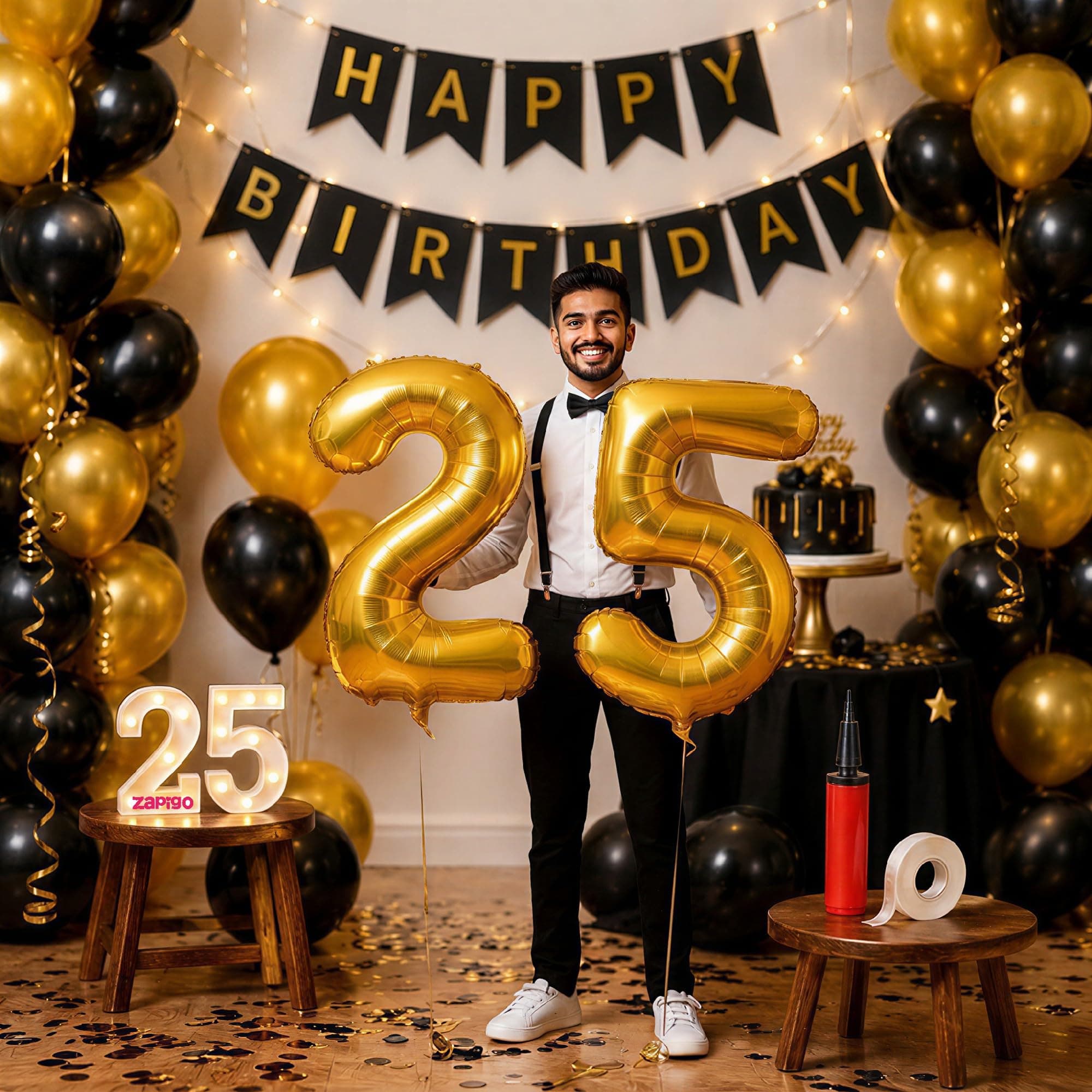 Balloonistics 25th Birthday Decoration Combo Kit - 40 Inch Gold Foil Number Balloon, LED Marquee Light, 50 Black & Gold Balloons, Happy Birthday Banner, Balloon Pump & Glue Dots thumbnail 1