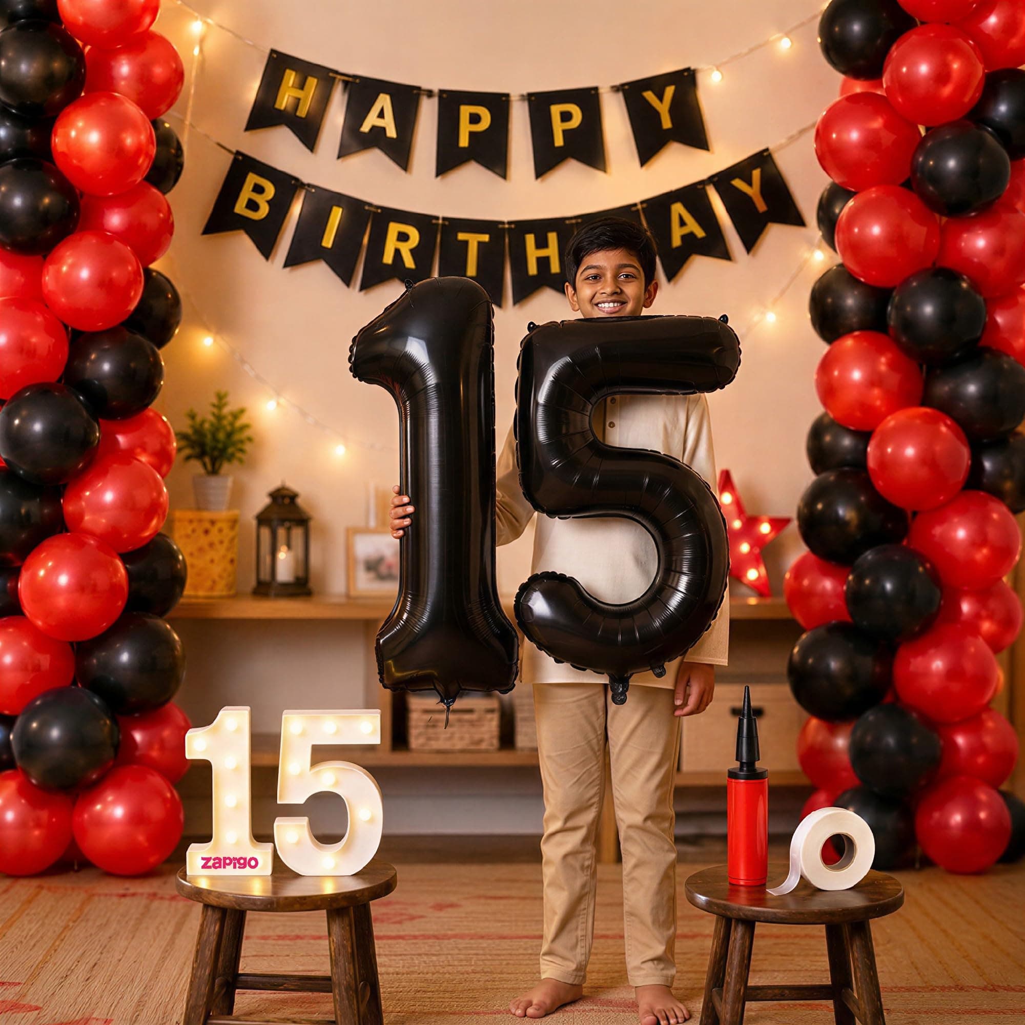 Balloonistics 15th Birthday Decoration Combo Kit - 40 Inch Black Foil Number Balloon, LED Marquee Light, 50 Black & Red Balloons, Happy Birthday Banner, Balloon Pump & Glue Dots