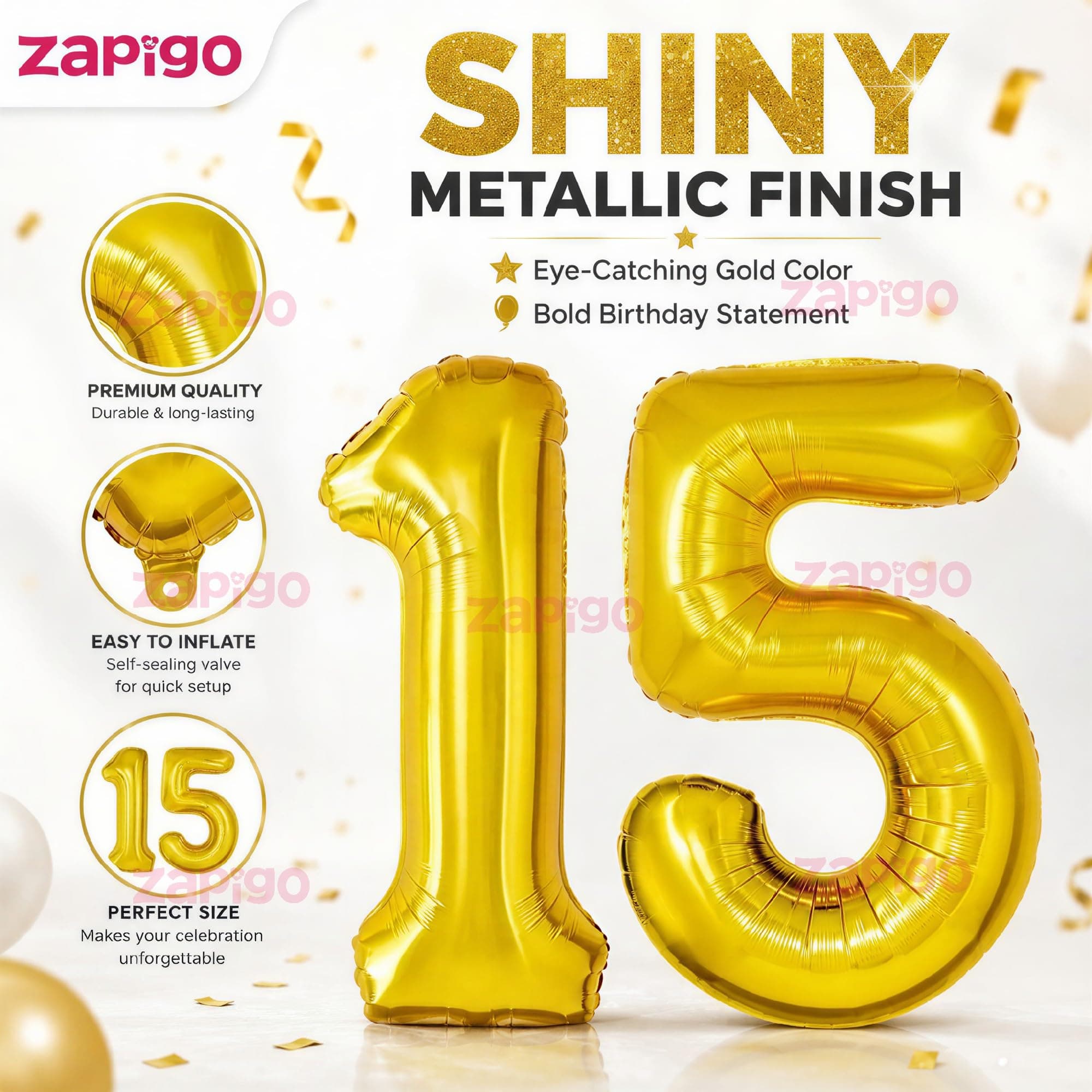 Balloonistics Number 15 Gold Foil Balloon – 17-Inch Metallic '15' Balloon Pack of 2 for 15th Birthday & Teen Milestone Party Decoration thumbnail 6