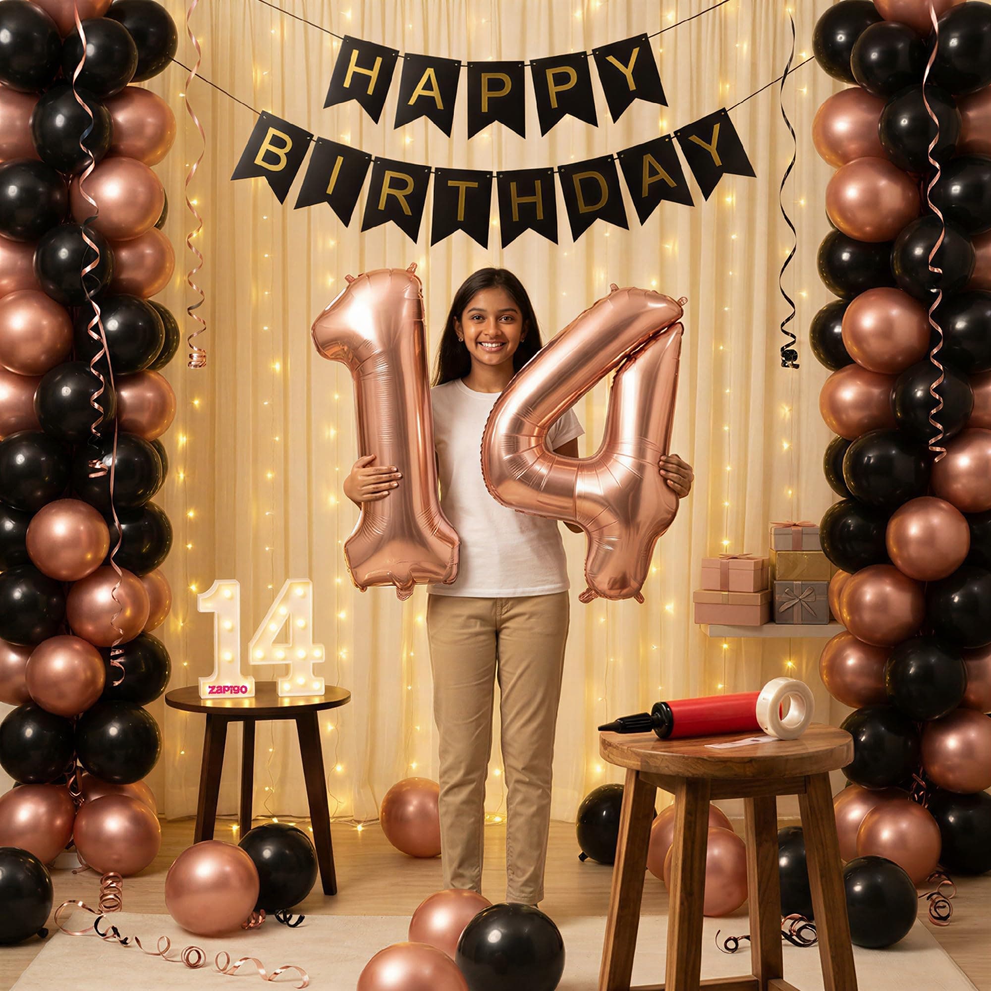 Balloonistics 14th Birthday Decoration Combo Kit - 40 Inch Rose Gold Foil Number Balloon, LED Marquee Light, 50 Rose Gold & Black Balloons, Happy Birthday Banner, Balloon Pump & Glue Dots