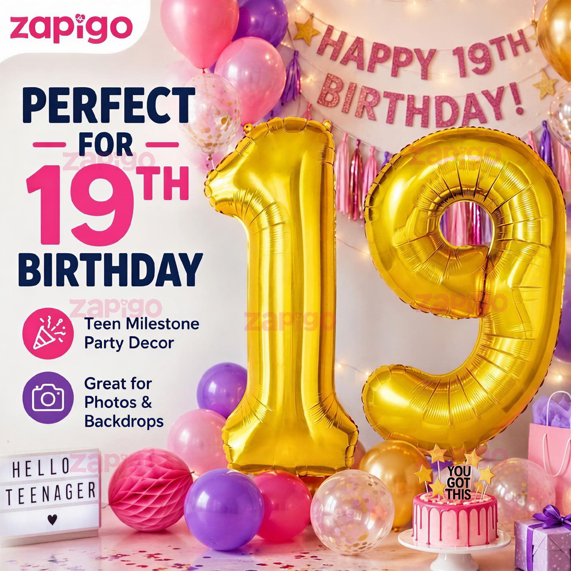 Balloonistics Number 19 Gold Foil Balloon – 17-Inch Metallic '19' Balloon Pack of 2 for 19th Birthday & Last-of-Teens Party Decoration thumbnail 4