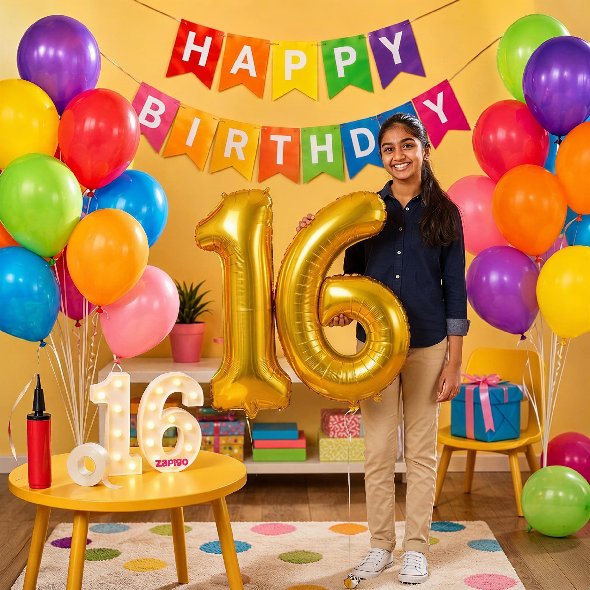 Balloonistics 16th Birthday Decoration Combo Kit - 40 Inch Gold Foil Number Balloon, LED Marquee Light, 50 Multicolor Balloons, Happy Birthday Banner, Balloon Pump & Glue Dots