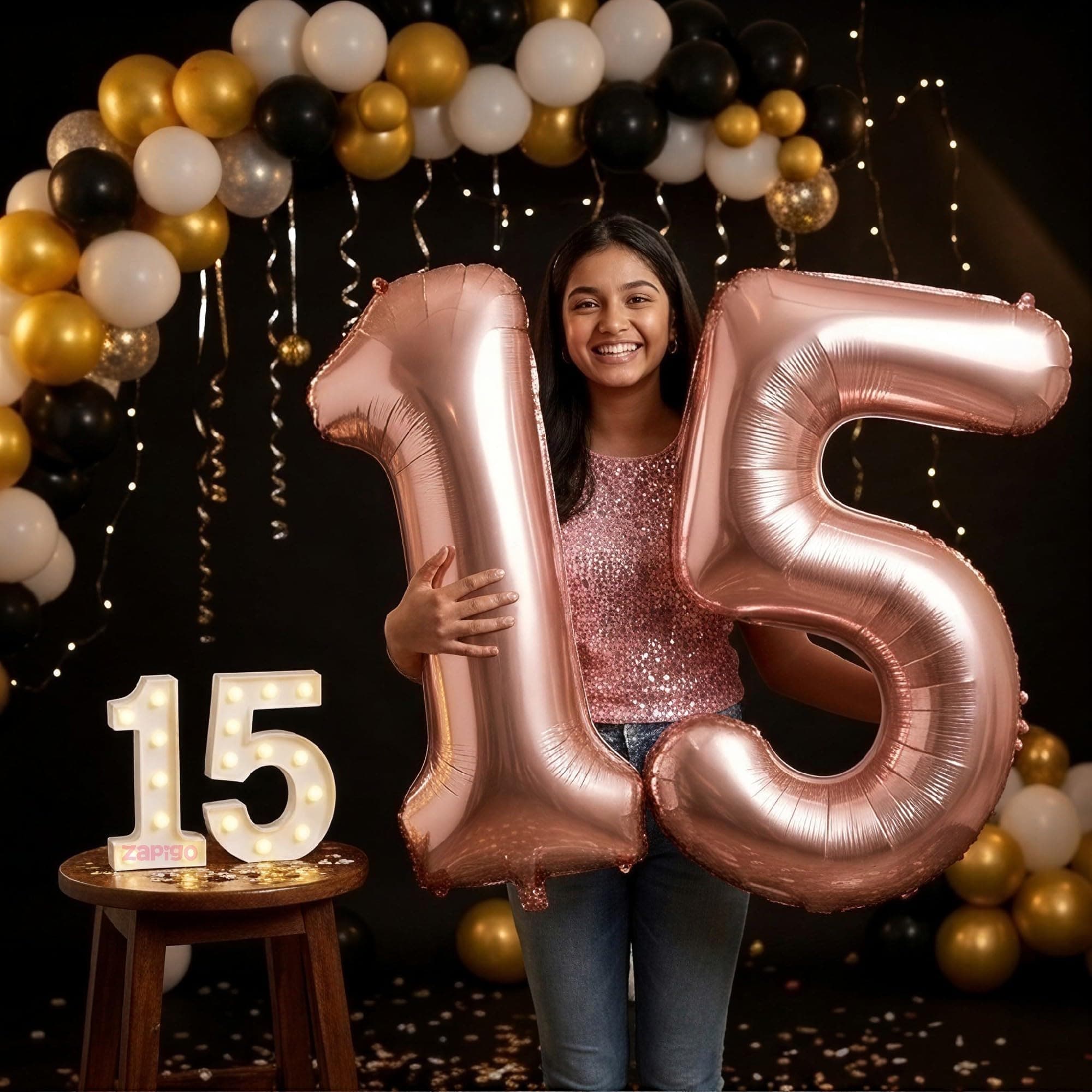 Balloonistics Rose Gold 40-Inch Foil Number 15 Balloon with Matching LED Marquee Light - Combo Set for 15th Birthday, Anniversary, Party Decorations, Photo Booth Backdrop thumbnail 1