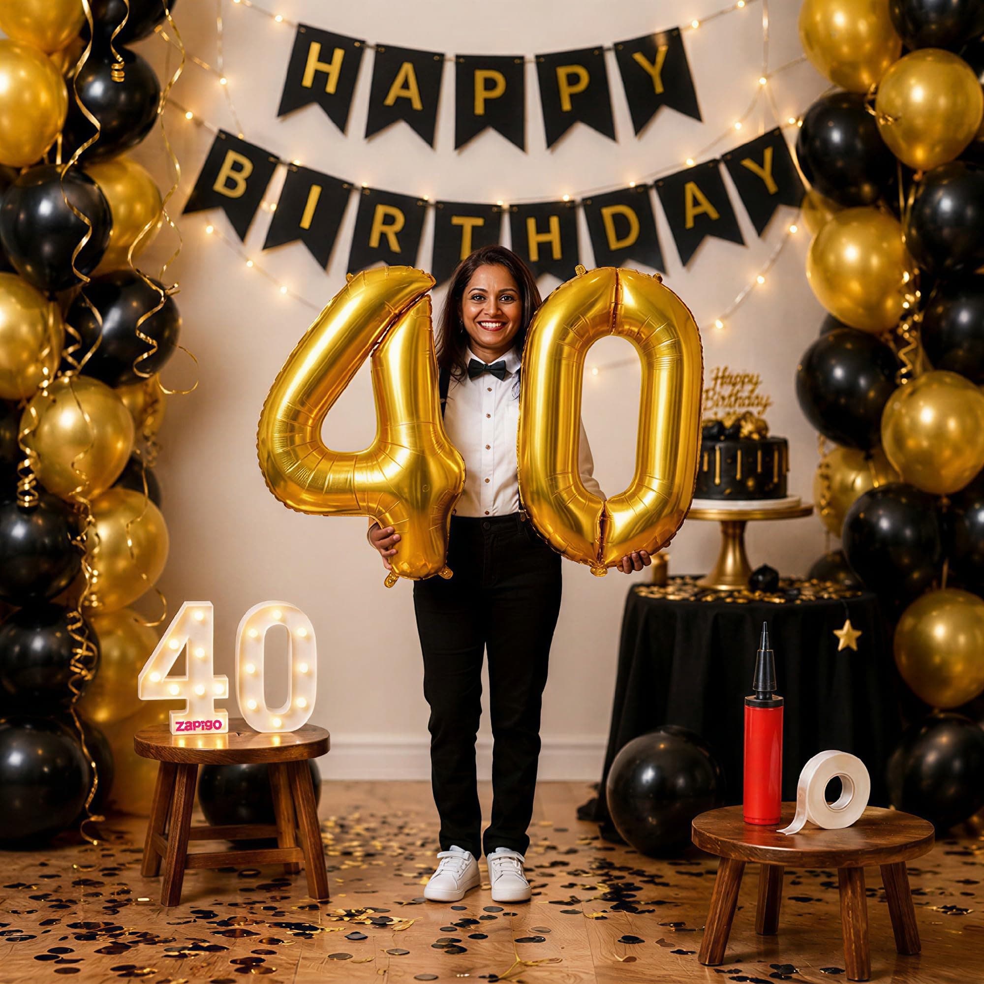 Balloonistics 40th Birthday Decoration Combo Kit - 40 Inch Gold Foil Number Balloon, LED Marquee Light, 50 Black & Gold Balloons, Happy Birthday Banner, Balloon Pump & Glue Dots thumbnail 1