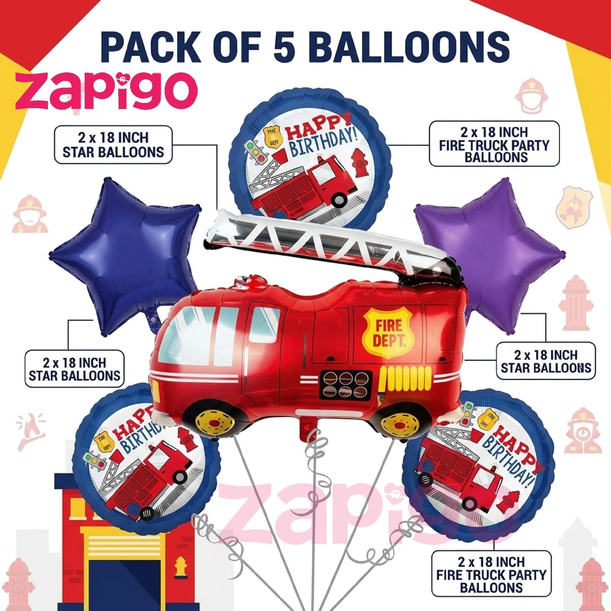 Balloonistics Firetruck Theme Happy Birthday Balloon Bouquet Pack Of 5 thumbnail 2