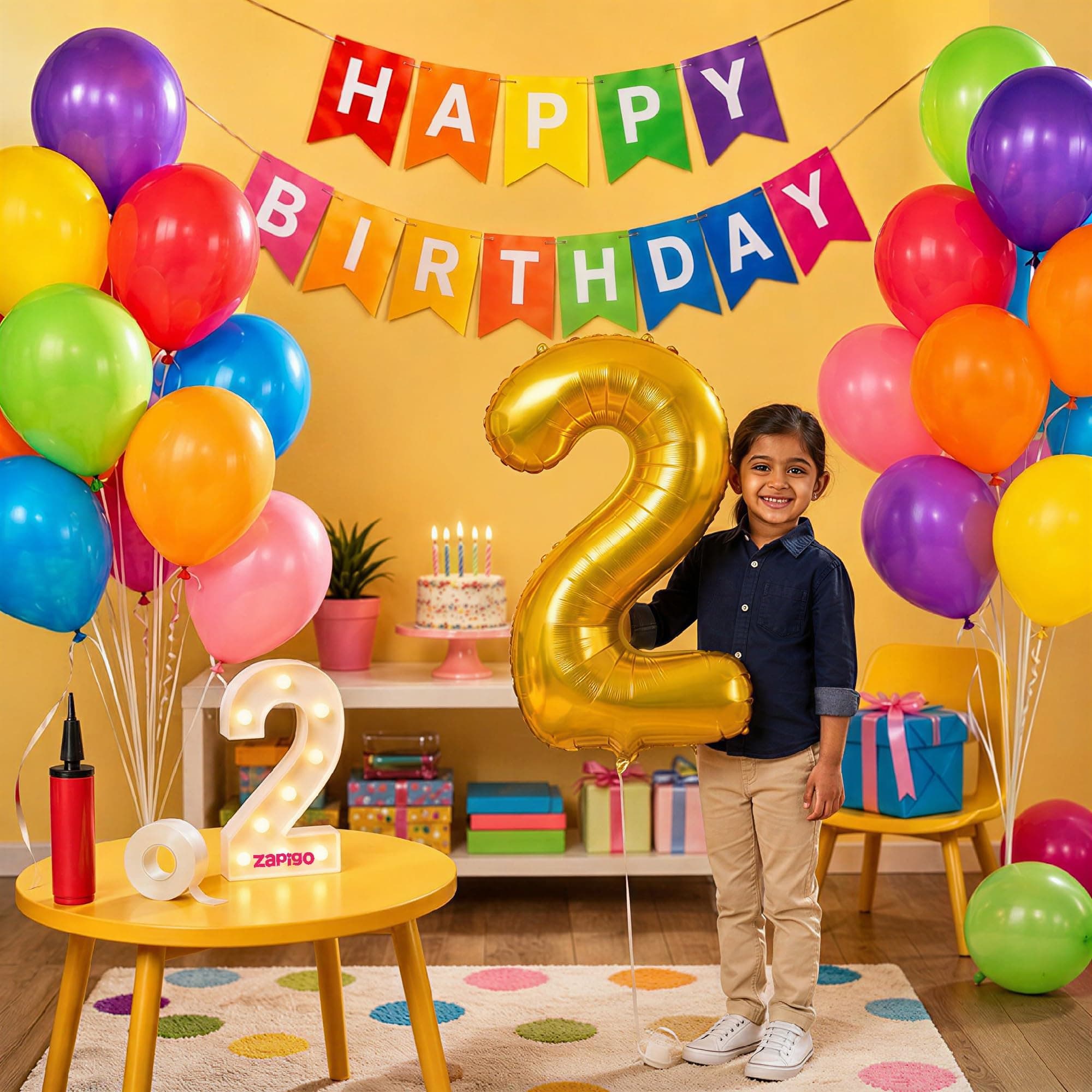 Balloonistics 2nd Birthday Decoration Combo Kit - 40 Inch Gold Foil Number Balloon, LED Marquee Light, 50 Multicolor Balloons, Happy Birthday Banner, Balloon Pump & Glue Dots - Perfect for Kids'
