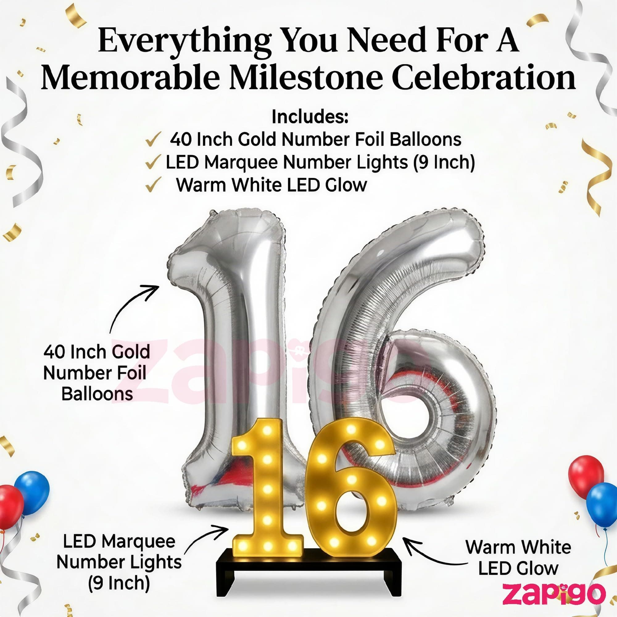 Balloonistics Silver 40-Inch Foil Number 30 Balloon with Matching LED Marquee Light - Combo Set for 30th Birthday, Anniversary, Party Decoration, Photo Booth Backdrop, Cake Table Decor thumbnail 2
