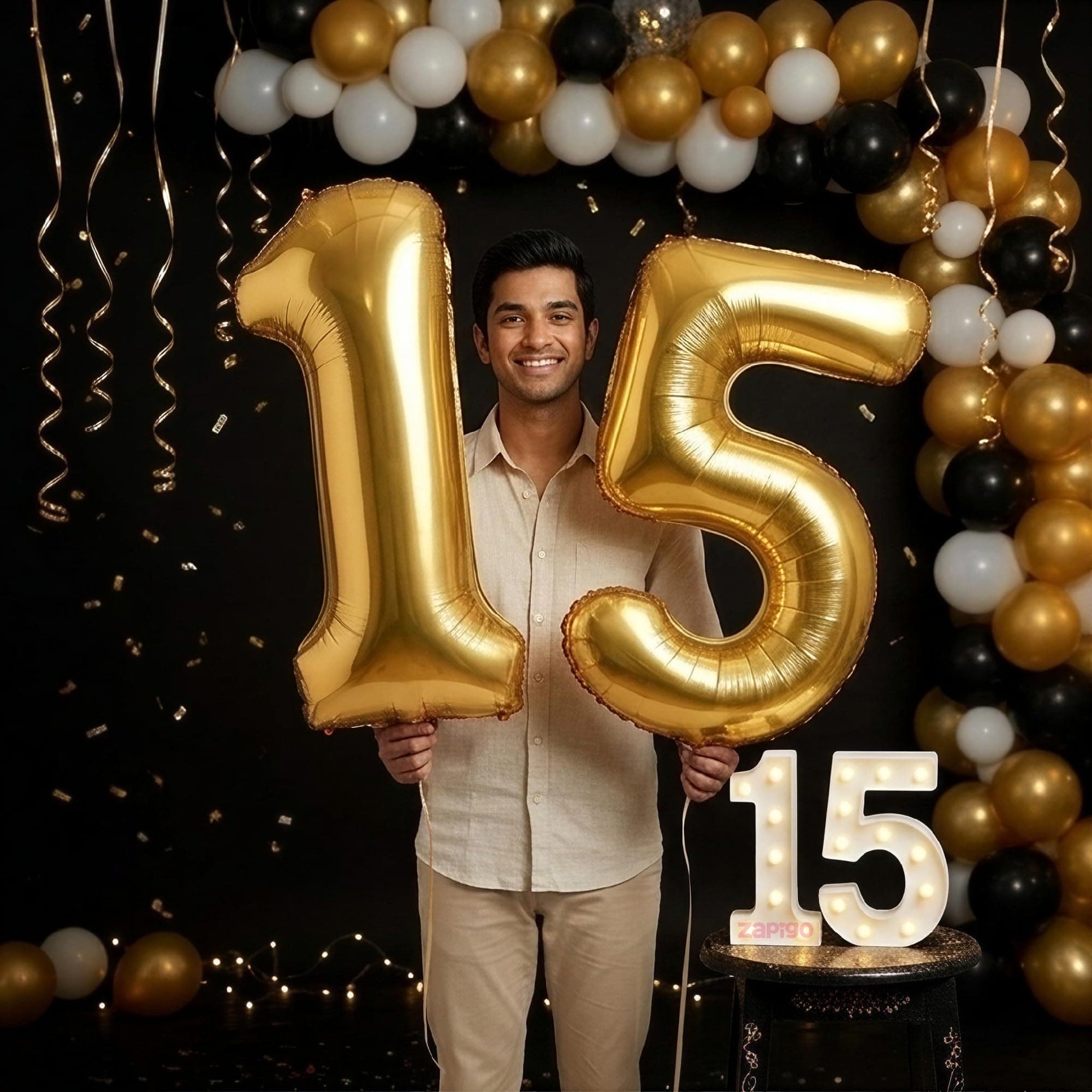 Balloonistics Gold 40-Inch Foil Number 15 Balloon with Matching LED Marquee Light - Combo Set for 15th Birthday, Anniversary, Party Decoration, Photo Booth Backdrop thumbnail 1