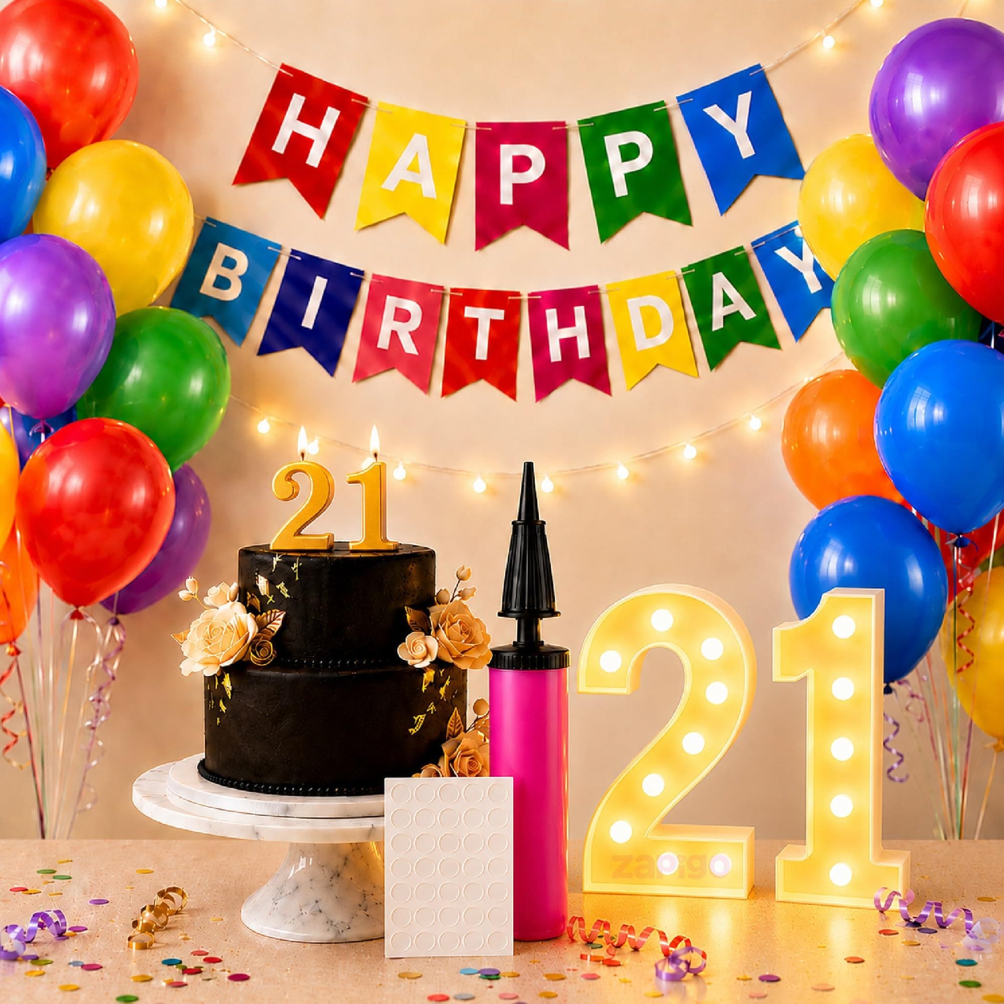 Balloonistics 55 Pcs 21st Birthday Decoration Kit - Number 21 Foil Balloons, Happy Birthday Banner, Latex Balloons & Arch Tools for Party Room Decor, Photo Booth Backdrop, Balloon Garland thumbnail 1