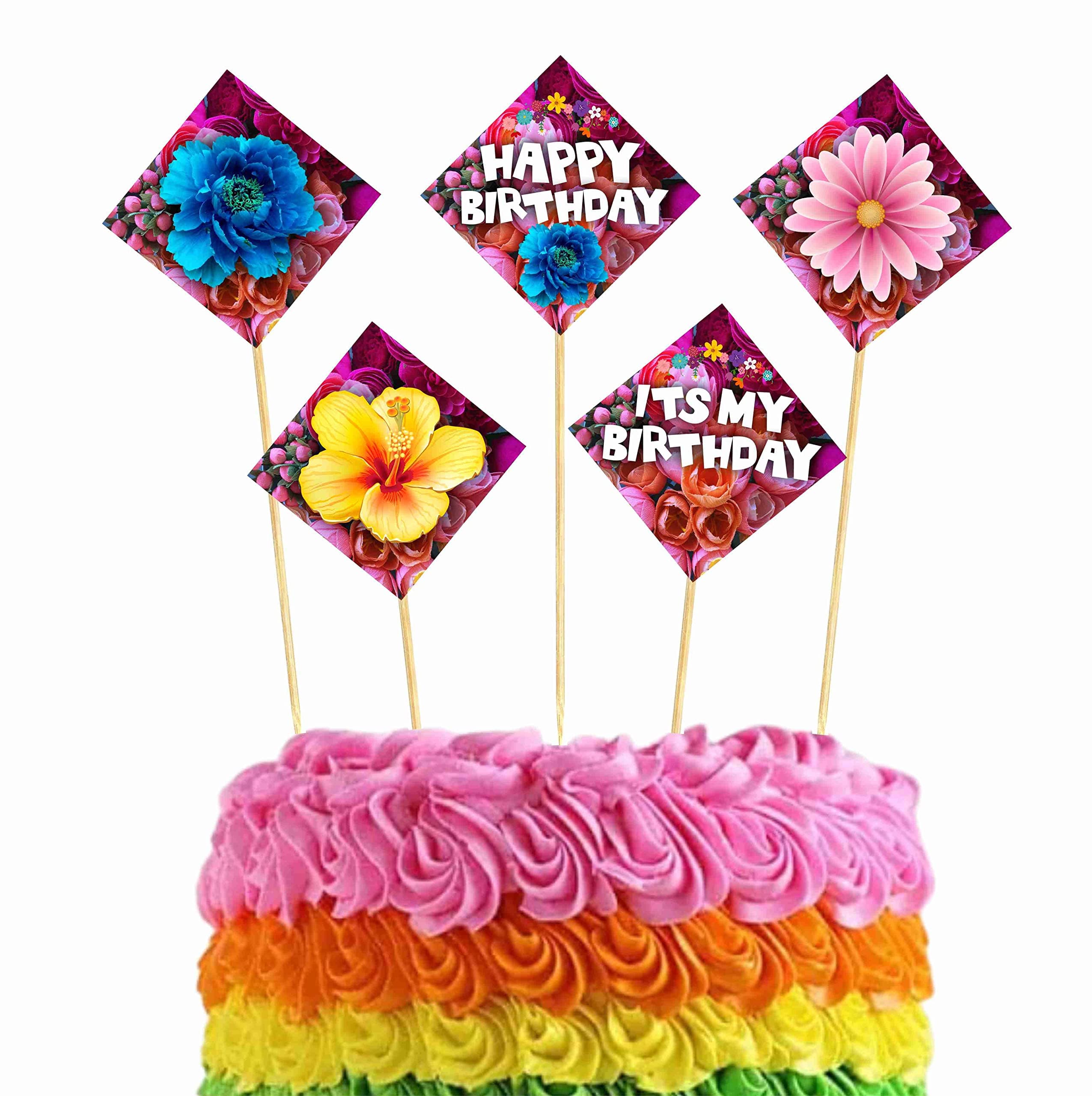 Balloonistics Floral Theme Happy Birthday Cake Toppers (Pack of 10) - Botanical Flower & Leaf Cake Decorations - Premium Cardstock Dessert Picks with Bamboo Sticks for Girls' Birthdays (Cake Topper - Pack of 10) thumbnail 1