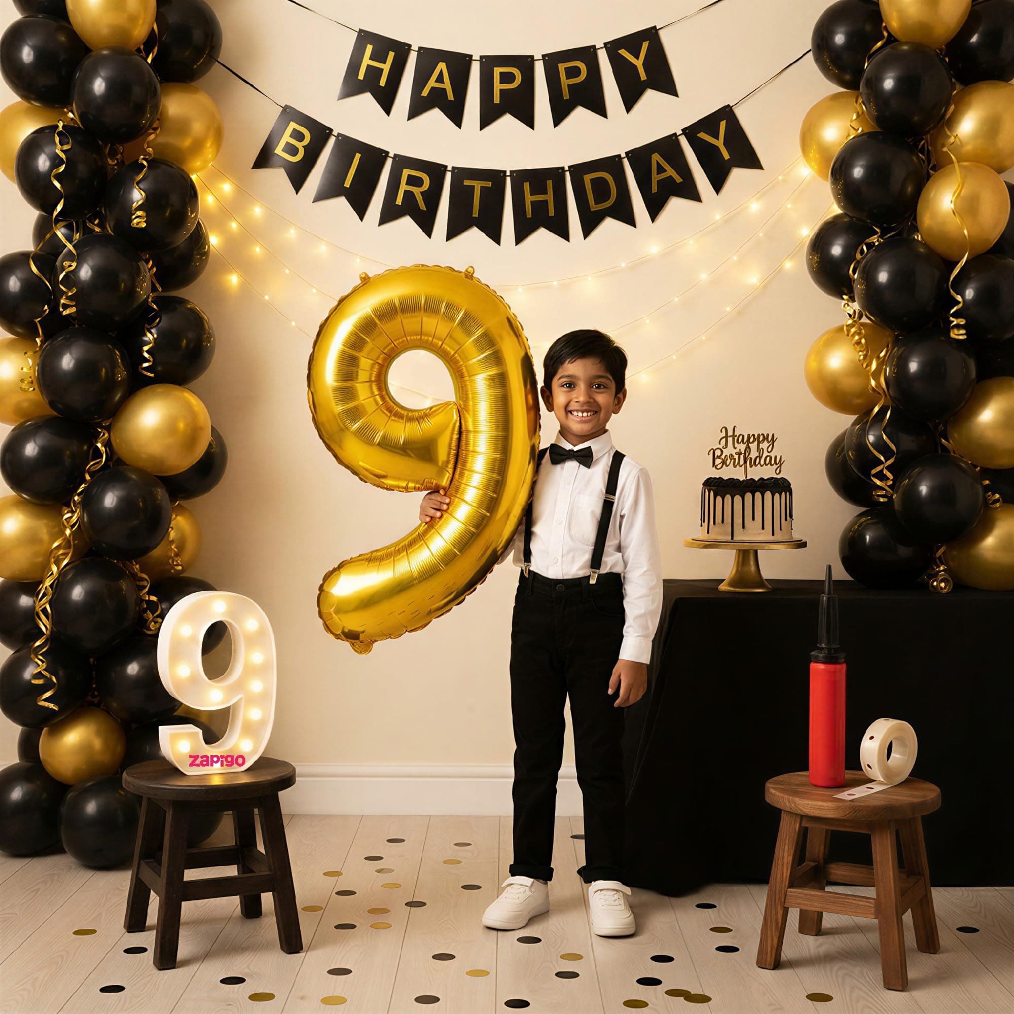 Balloonistics 9th Birthday Decoration Combo Kit - 40 Inch Gold Foil Number Balloon, LED Marquee Light, 50 Black & Gold Balloons, Happy Birthday Banner, Balloon Pump & Glue Dots thumbnail 1
