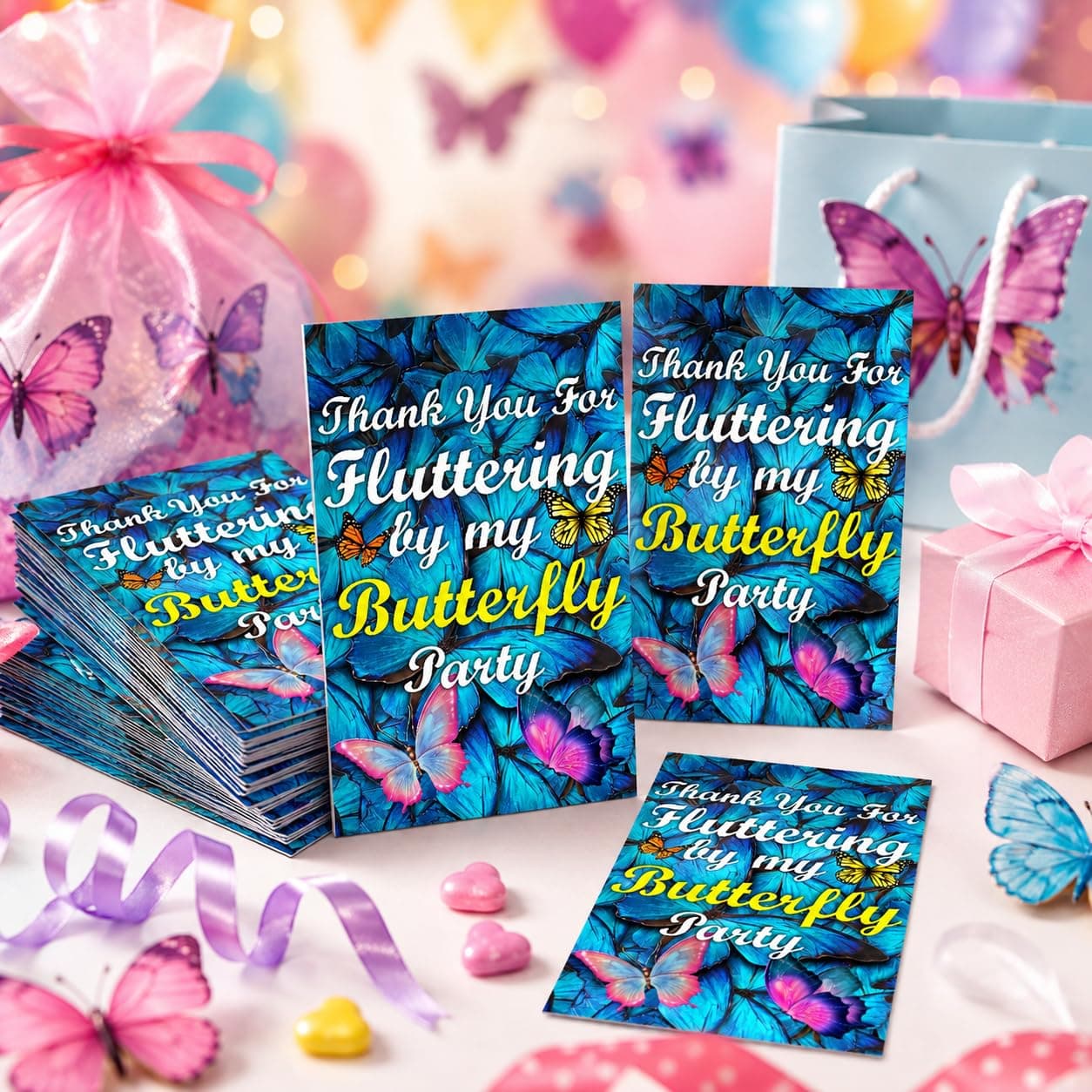 Balloonistics Butterfly Theme Birthday Thank You Cards - Pack of 20 Elegant "Fluttering" Note Cards with Envelopes - Double-Sided Cardstock Fill-in Appreciation Cards for Girls, Enchanted Garden Party Favors (Thank you Cards - Pack of 20) thumbnail 1