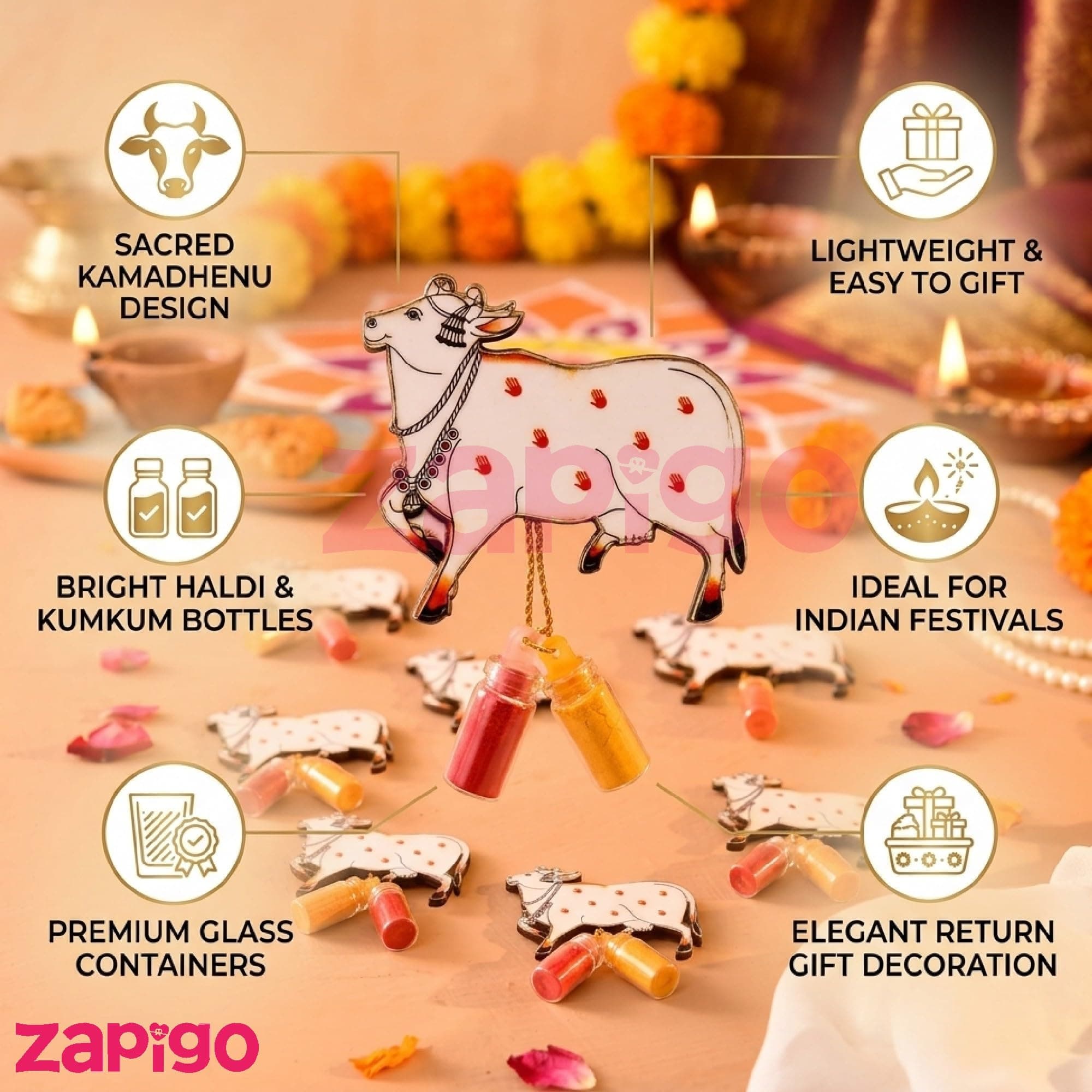 Habba Cow Design Haldi Kumkum Set, Pasupu Kumkum Dome Glass Bottle, Traditional Pooja Return Gift for Diwali, Navratri, Varalakshmi Vratham, Wedding & Festivals - Pack of 5 thumbnail 2