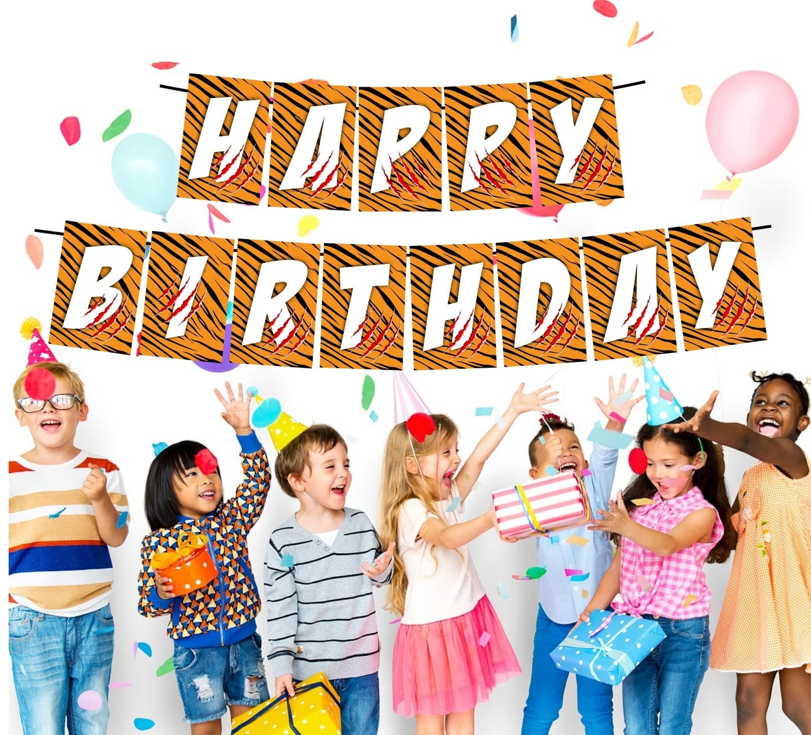 Balloonistics Tiger Stripes Happy Birthday Banner - Wild One & Jungle Safari Cardstock Bunting - Orange & Black Animal Print Party Decorations, "King of the Jungle" Backdrop thumbnail 2
