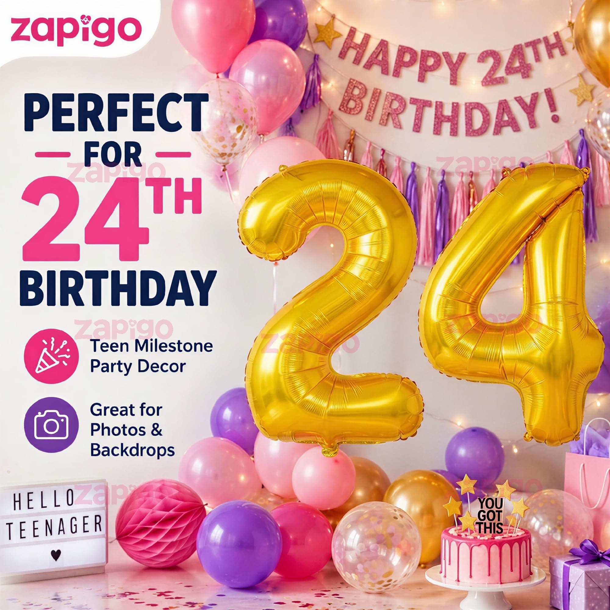Balloonistics Number 24 Gold Foil Balloon – 17-Inch Metallic '24' Balloon Pack of 2 for 24th Birthday & Young Adult Party Decoration thumbnail 4