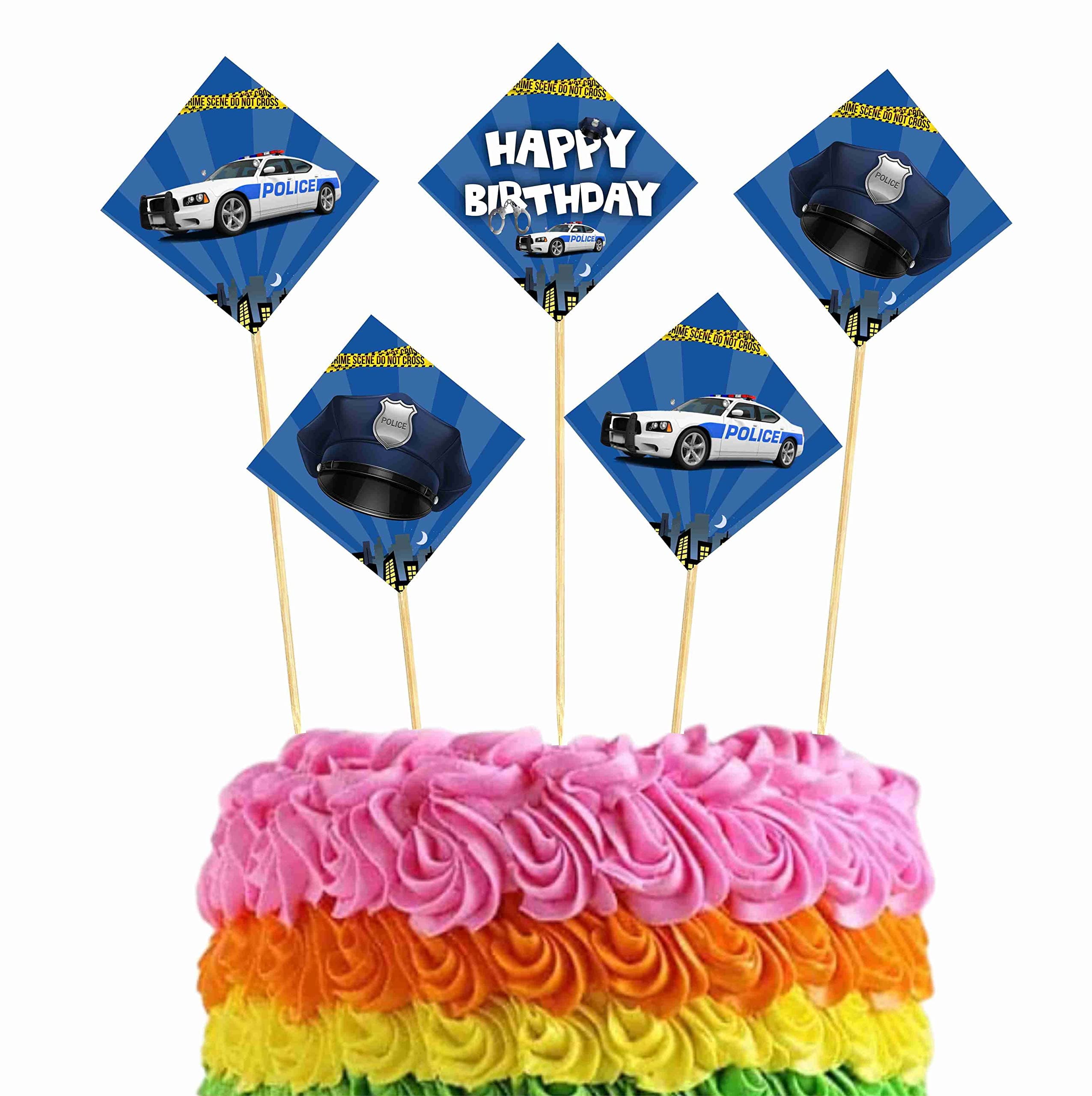 Balloonistics Police Happy Birthday Cake Toppers - Pack of 10 Cardstock Cake Picks - Police Officer Theme Party Decorations, Cop Car & Badge Dessert Toppers on Bamboo Sticks thumbnail 1