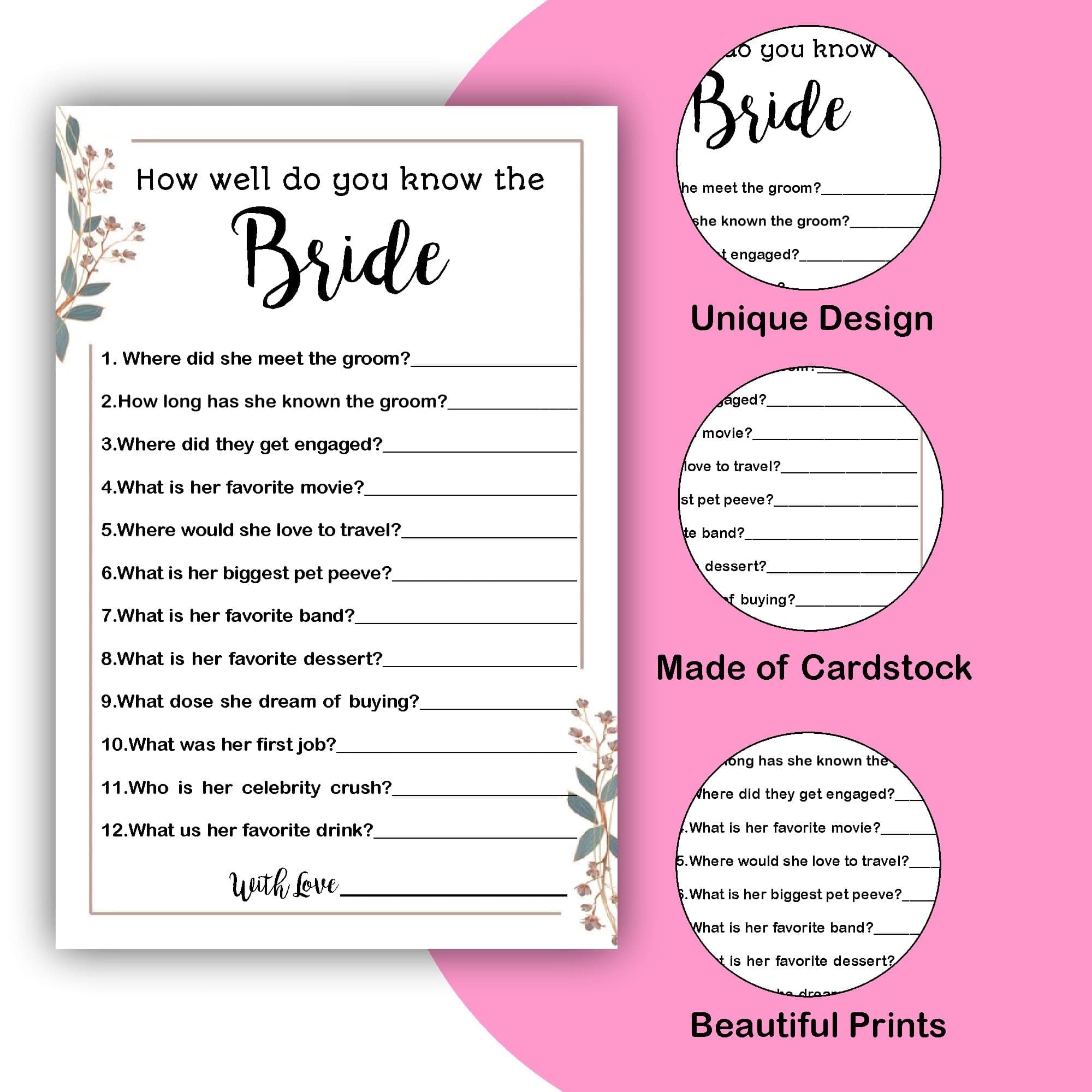 Balloonistics “How Well Do You Know the Bride?” Game Cards – Pack of 10 – Fun Interactive Bridal Shower & Bachelorette Party Activity – Premium Floral Cardstock thumbnail 3