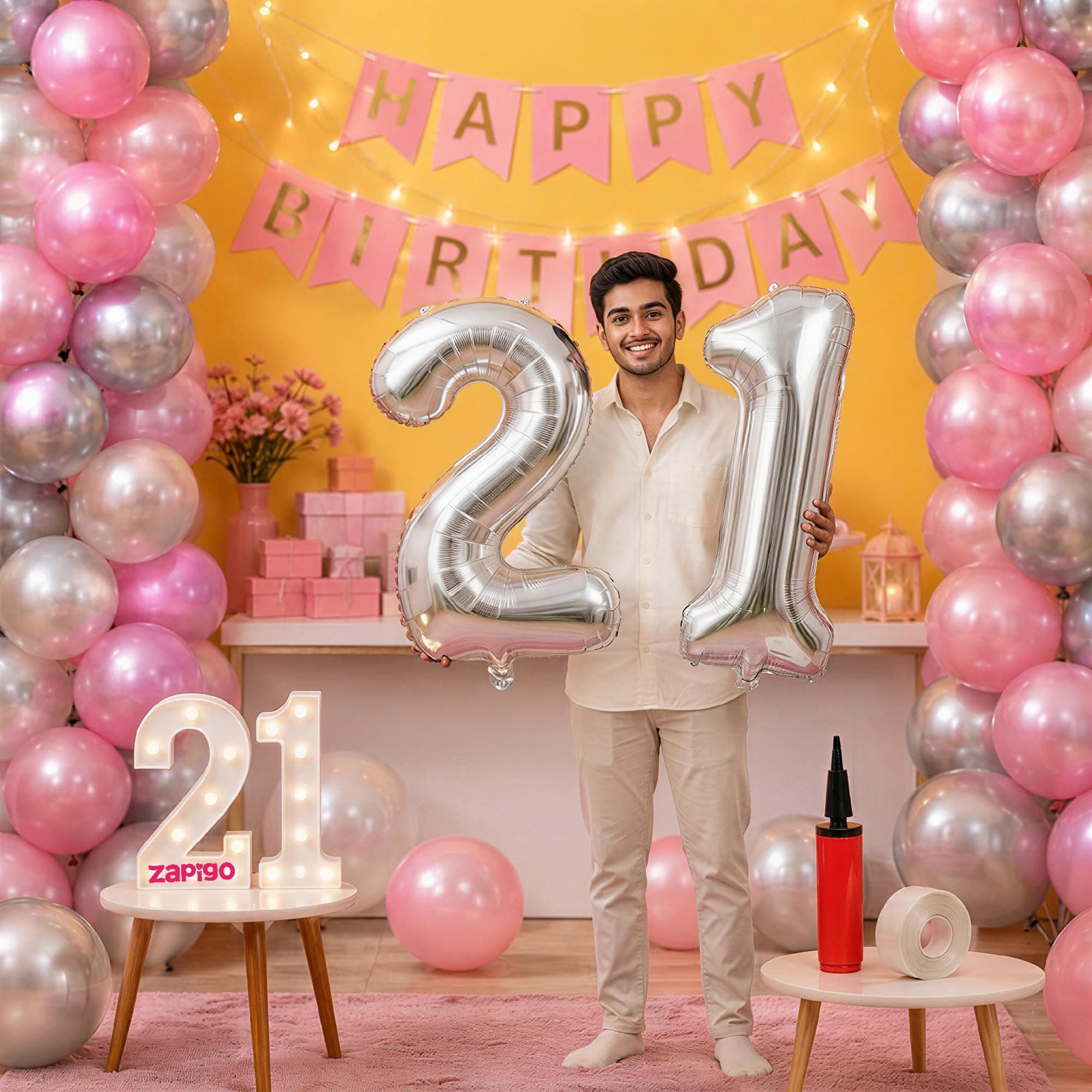 Balloonistics 21st Birthday Decoration Combo Kit - 40 Inch Silver Foil Number Balloon, LED Marquee Light, Silver & Pink Balloons, Happy Birthday Banner, Balloon Pump & Glue Dots thumbnail 1