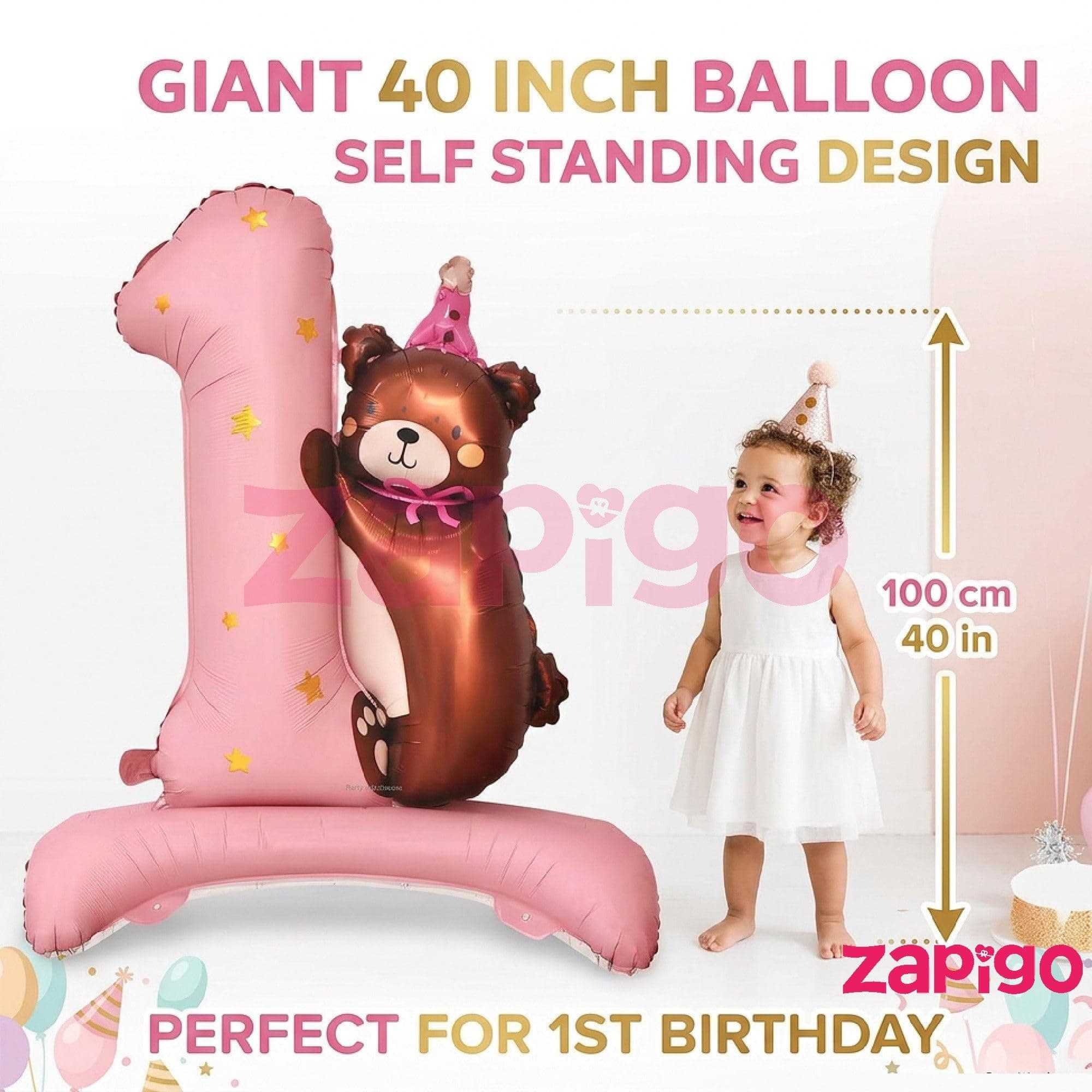 Balloonistics Number 1 Self Standing Pink Foil Balloon With Teddy Bear thumbnail 4