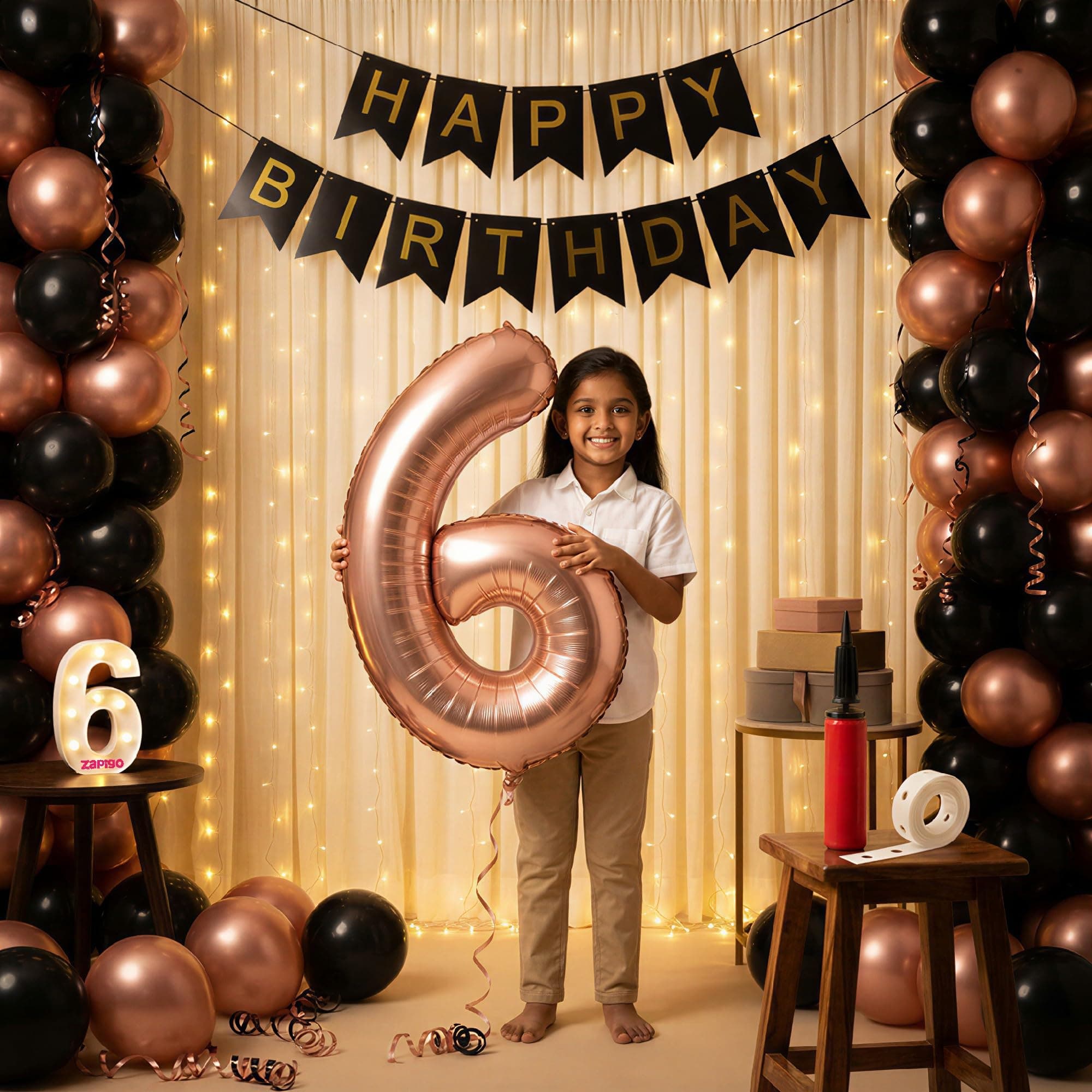 Balloonistics 6th Birthday Decoration Combo Kit - 40 Inch Rose Gold Foil Number Balloon, LED Marquee Light, 50 Rose Gold & Black Balloons, Happy Birthday Banner, Balloon Pump & Glue Dots