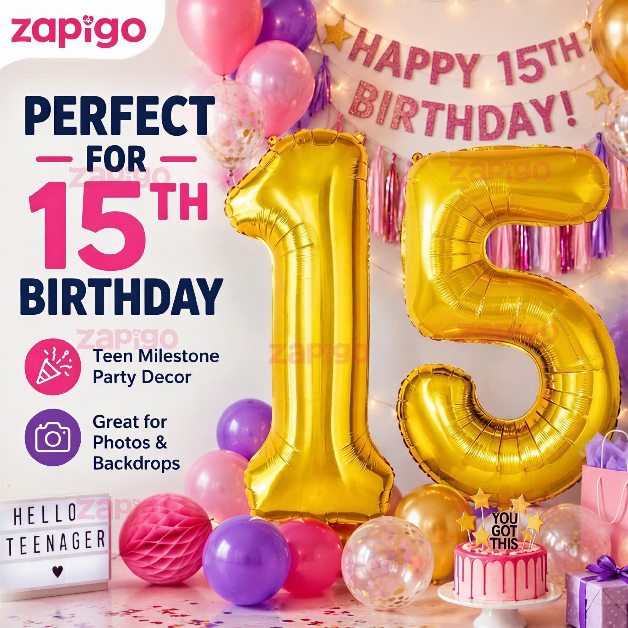 Balloonistics Number 15 Gold Foil Balloon – 17-Inch Metallic '15' Balloon Pack of 2 for 15th Birthday & Teen Milestone Party Decoration thumbnail 4