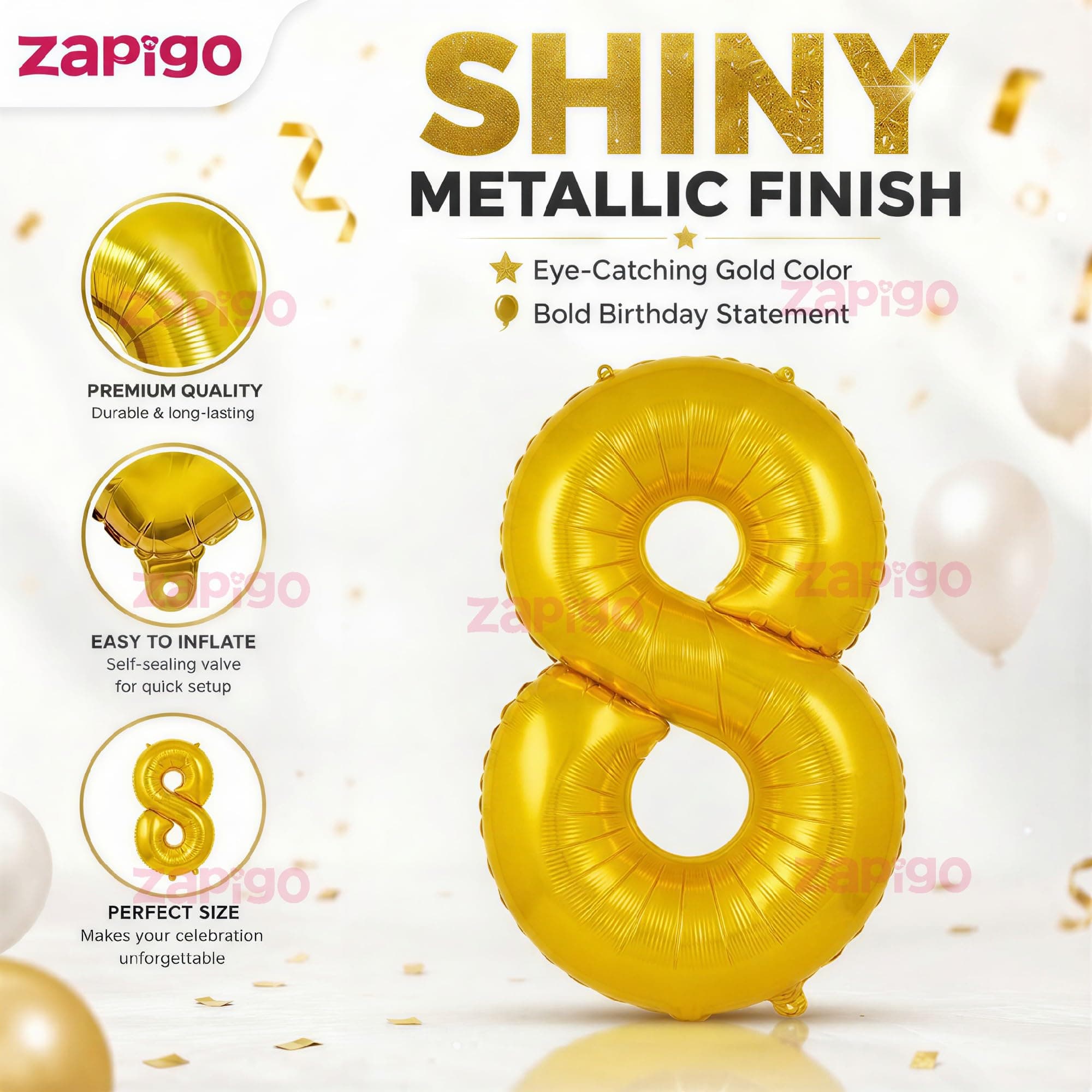 Balloonistics Number 8 Gold Foil Balloon – 16-Inch Metallic Single Digit Balloon for 8th Birthday, Lucky 8 & Party Decoration thumbnail 6