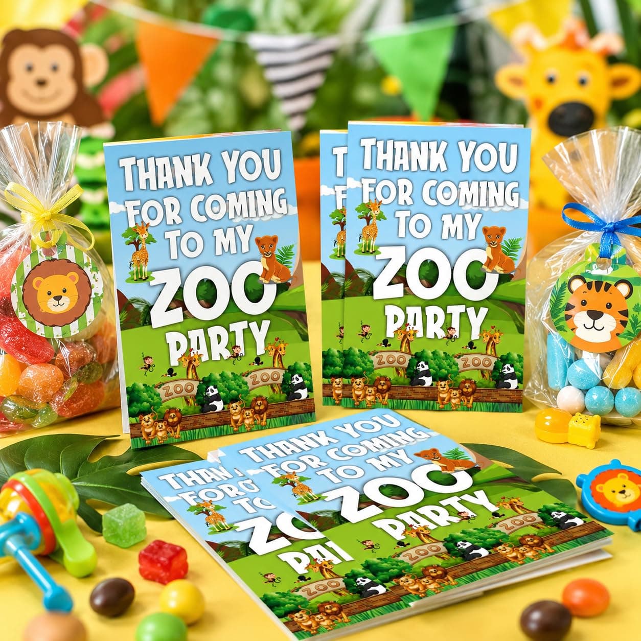 Balloonistics Zoo Theme Thank You Cards - Pack of 20 Premium Matte Note Cards - Lion, Giraffe & Zebra Jungle Safari Stationery with Matching Envelopes - Post-Party Gratitude for Kids Birthdays (Thank you Cards - Pack of 20) thumbnail 1