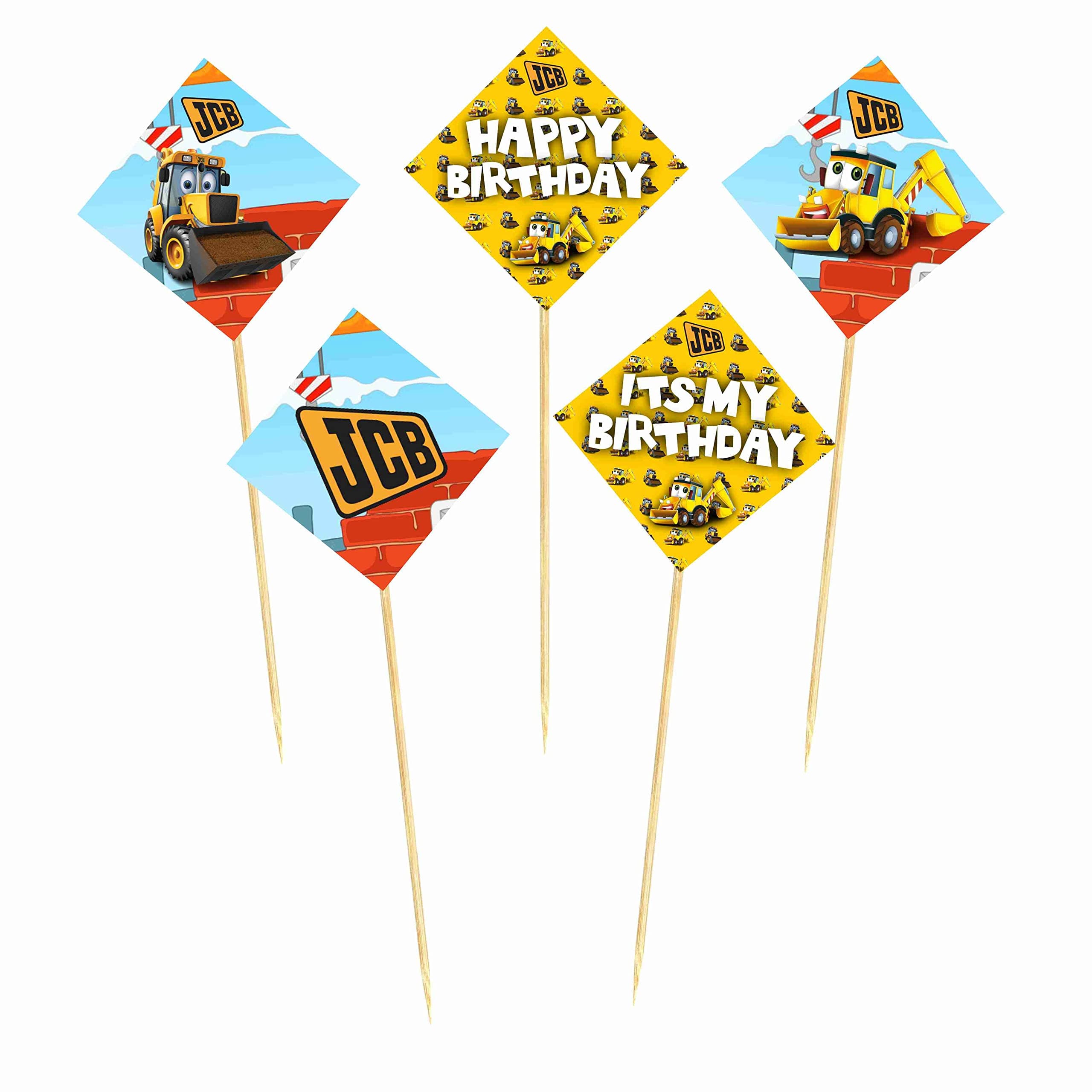 Balloonistics Little JCB Theme Happy Birthday Cake Toppers -Construction Site Decorations-Premium Cardstock Yellow Digger & Excavator Figures on Bamboo Sticks,(Cake Topper-Pack of 10) thumbnail 2