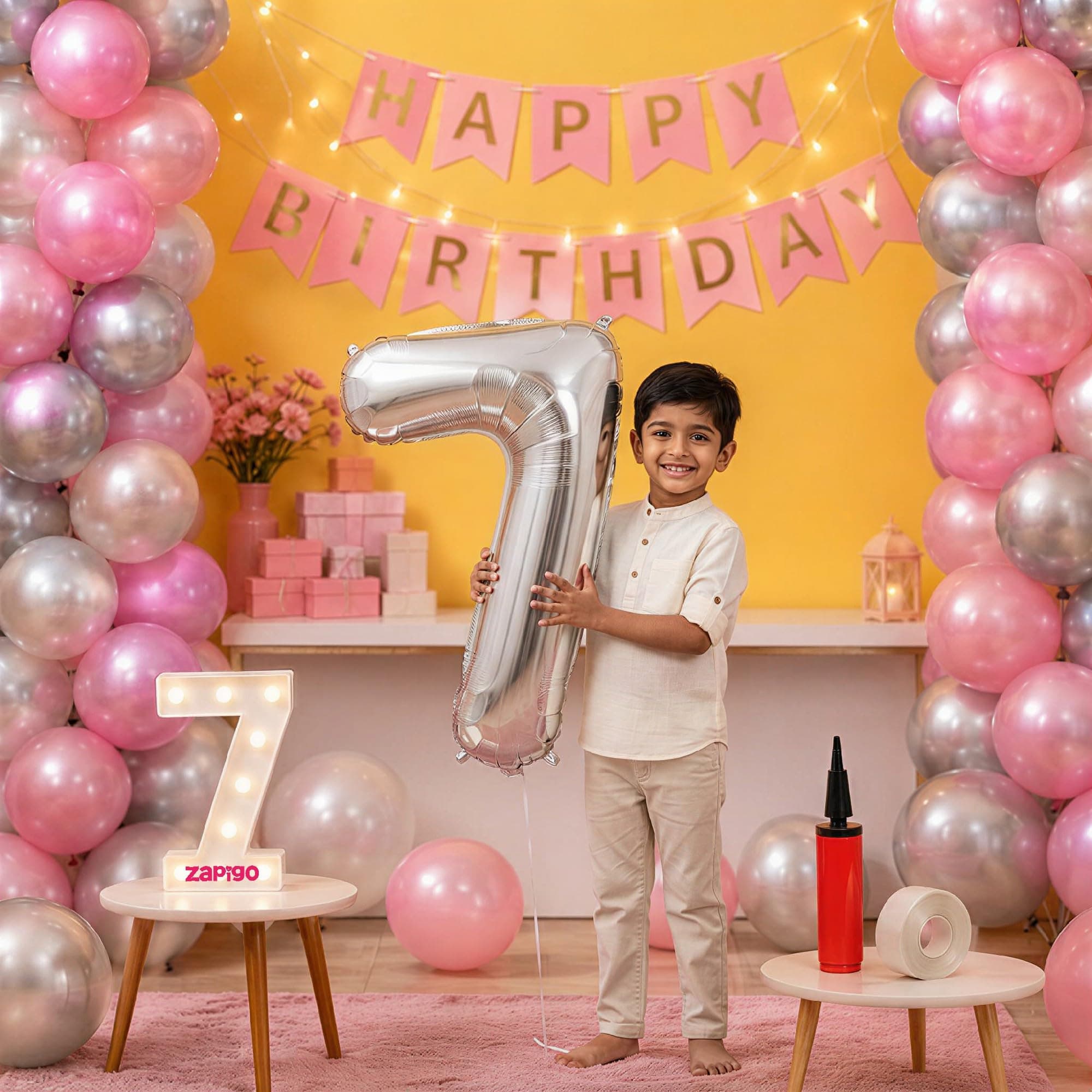 Balloonistics 7th Birthday Decoration Combo Kit - 40 Inch Silver Foil Number Balloon, LED Marquee Light, 50 Silver & Pink Balloons, Happy Birthday Banner, Balloon Pump & Glue Dots thumbnail 1