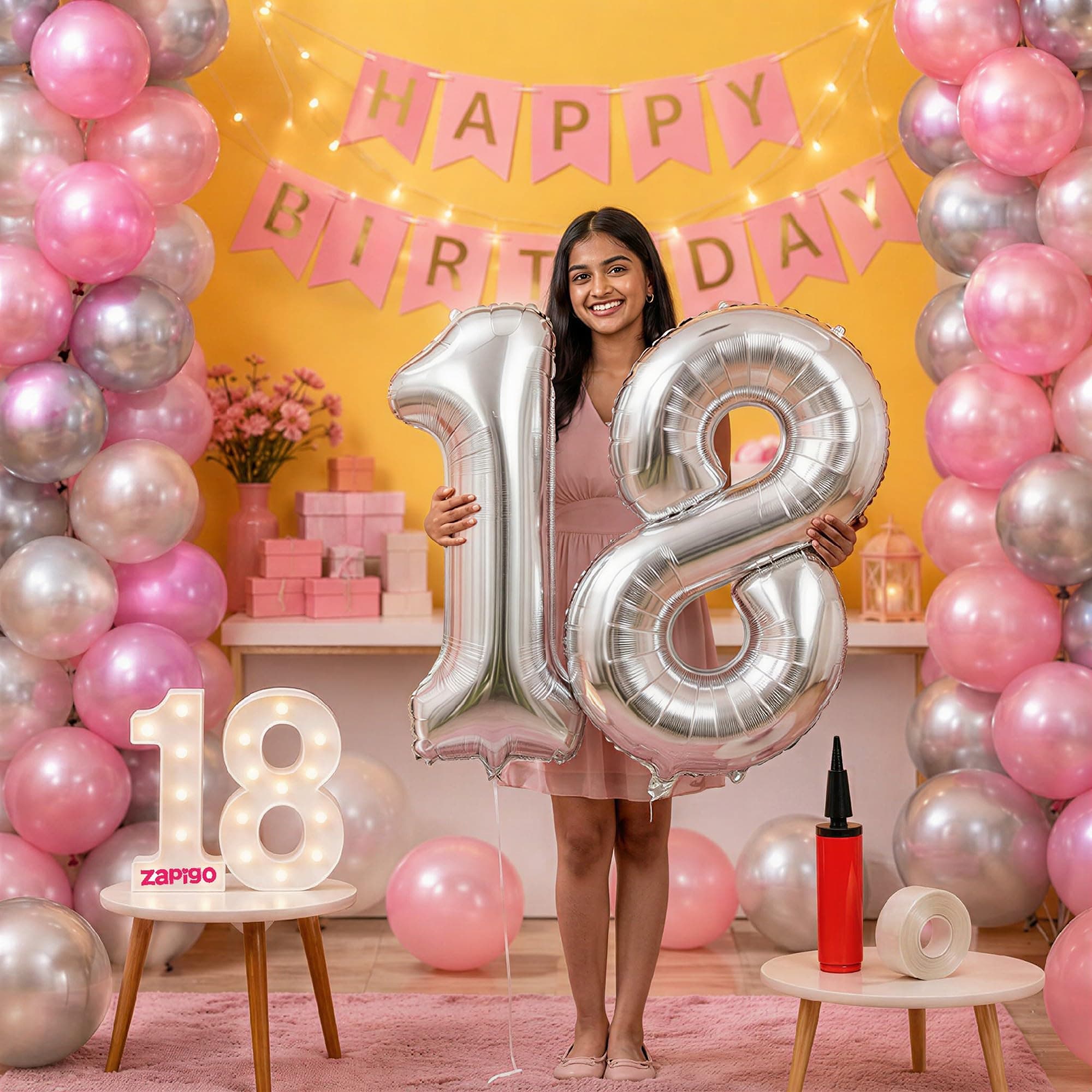 Balloonistics 18th Birthday Decoration Combo Kit - 40 Inch Silver Foil Number Balloon, LED Marquee Light, 50 Silver & Pink Balloons, Happy Birthday Banner, Balloon Pump & Glue Dots