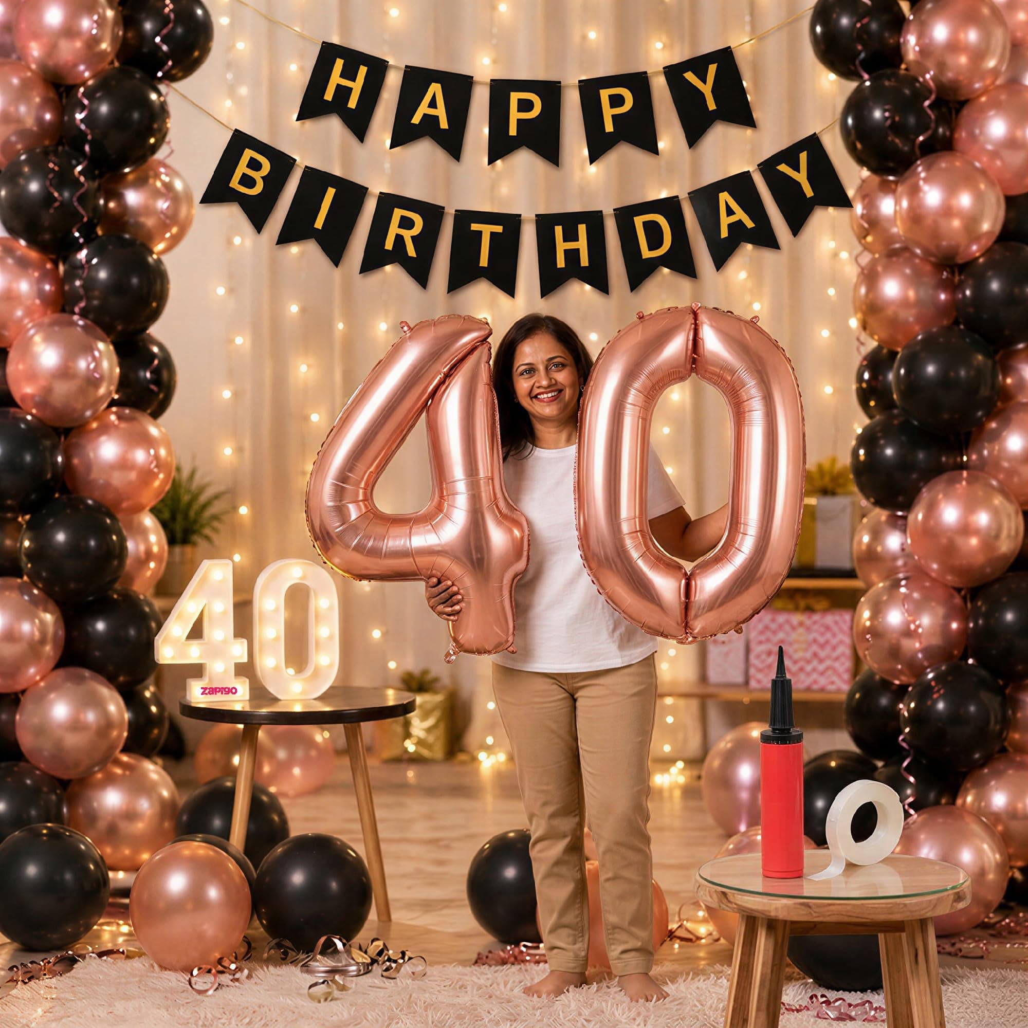 Balloonistics 40th Birthday Decoration Combo Kit - 40 Inch Rose Gold Foil Number Balloon, LED Marquee Light, 50 Rose Gold & Black Balloons, Happy Birthday Banner, Balloon Pump & Glue Dots thumbnail 1