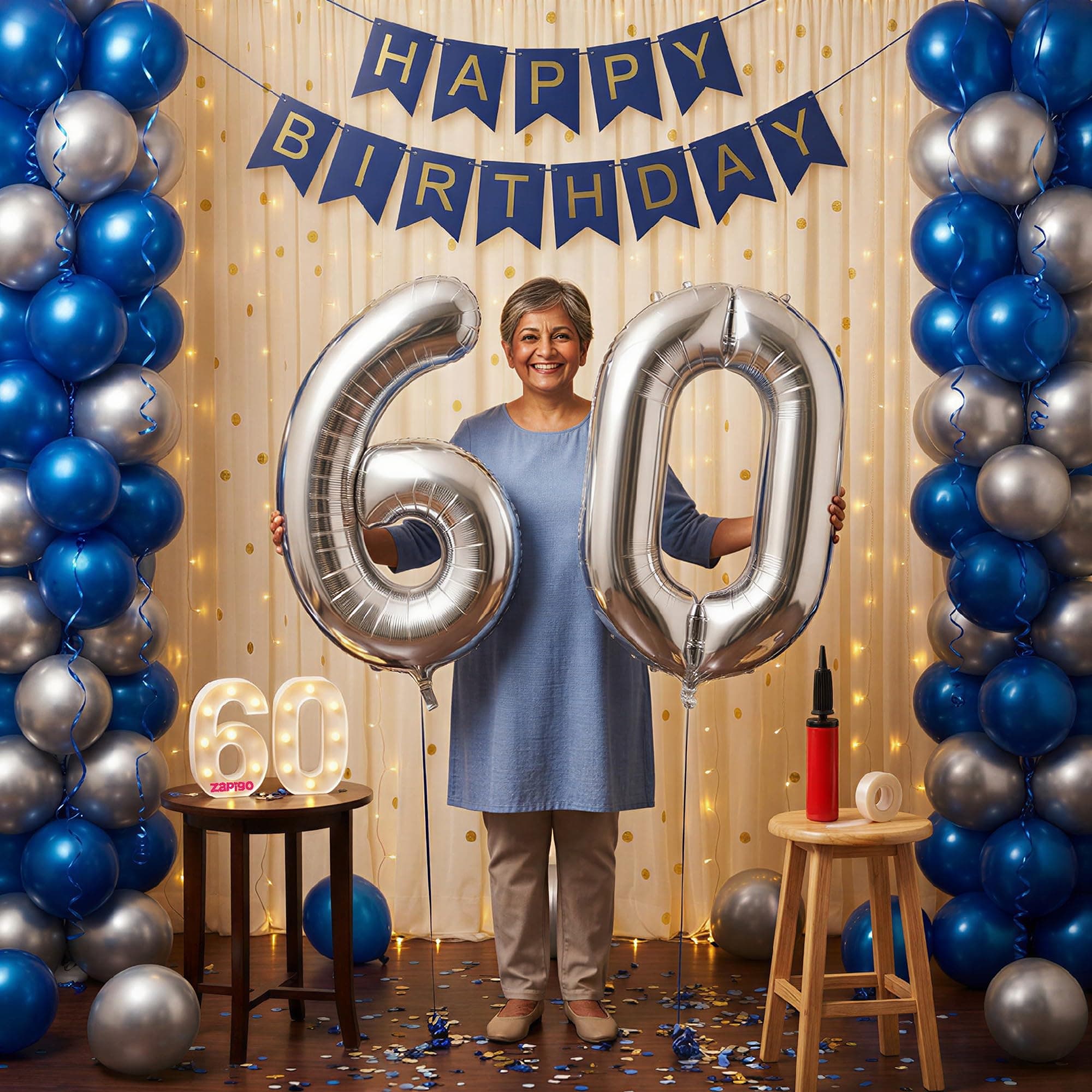 Balloonistics 60th Birthday Decoration Combo Kit - 40 Inch Silver Foil Number Balloon, LED Marquee Light, 50 Silver & Blue Balloons, Happy Birthday Banner, Balloon Pump & Glue Dots