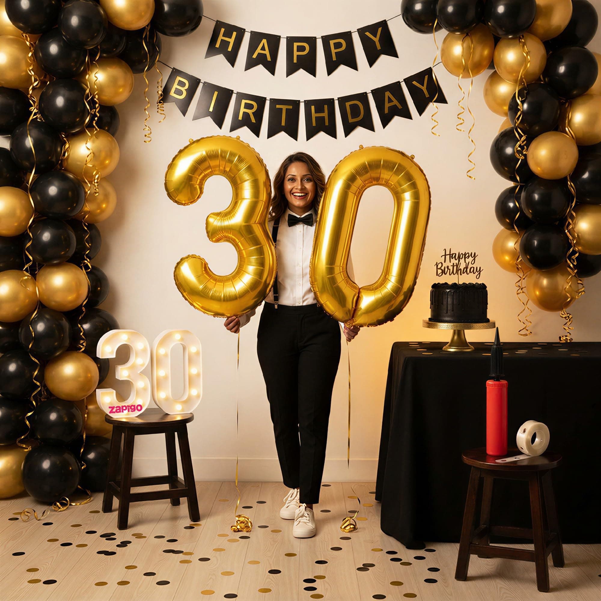 Balloonistics 30th Birthday Decoration Combo Kit - 40 Inch Gold Foil Number Balloon, LED Marquee Light, 50 Black & Gold Balloons, Happy Birthday Banner, Balloon Pump & Glue Dots thumbnail 1