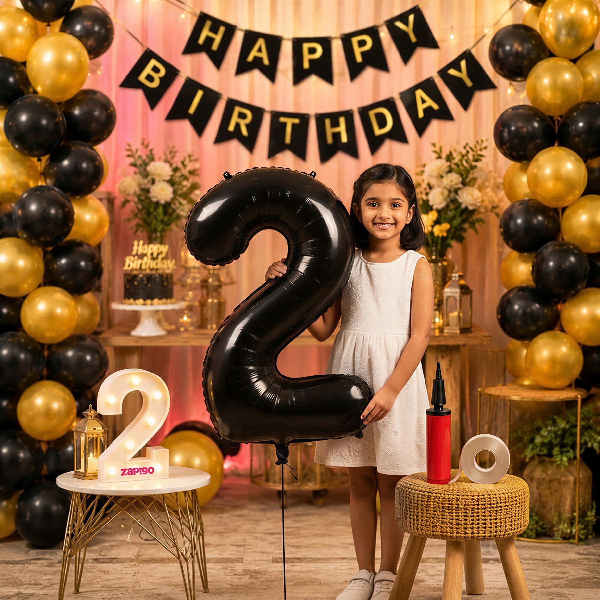 Balloonistics 2nd Birthday Decoration Combo Kit - 40 Inch Black Foil Number Balloon, LED Marquee Light, 50 Black & Gold Balloons, Happy Birthday Banner, Balloon Pump & Glue Dots thumbnail 1