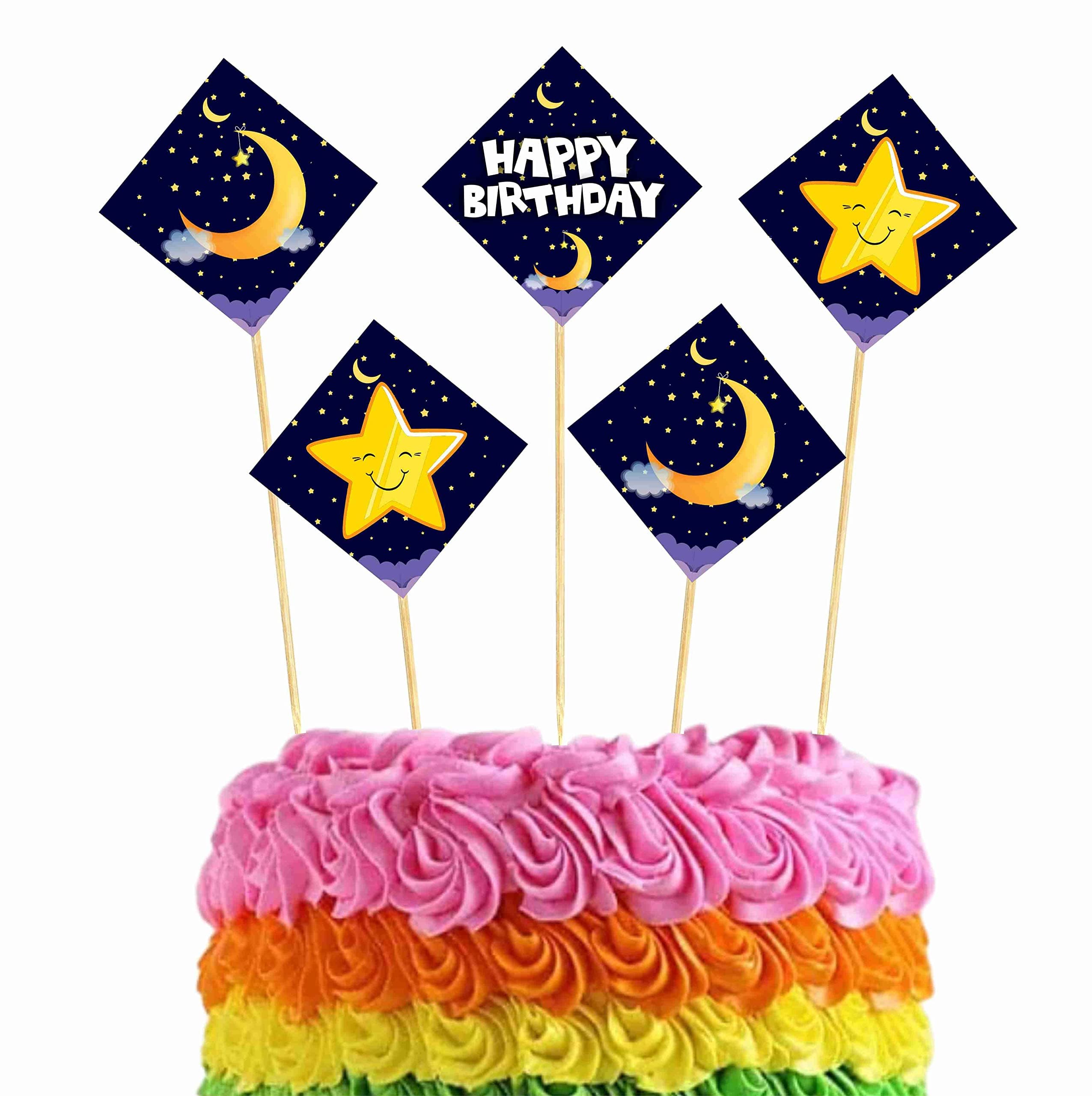 Balloonistics Moon and Stars Birthday Cake Toppers - Pack of 10 Double-Sided Cardstock Toppers with Bamboo Sticks - Twinkle Twinkle Little Star & Celestial Theme Party Decorations, Over the Moon Cake Decor(Cake Topper - Pack of 10)