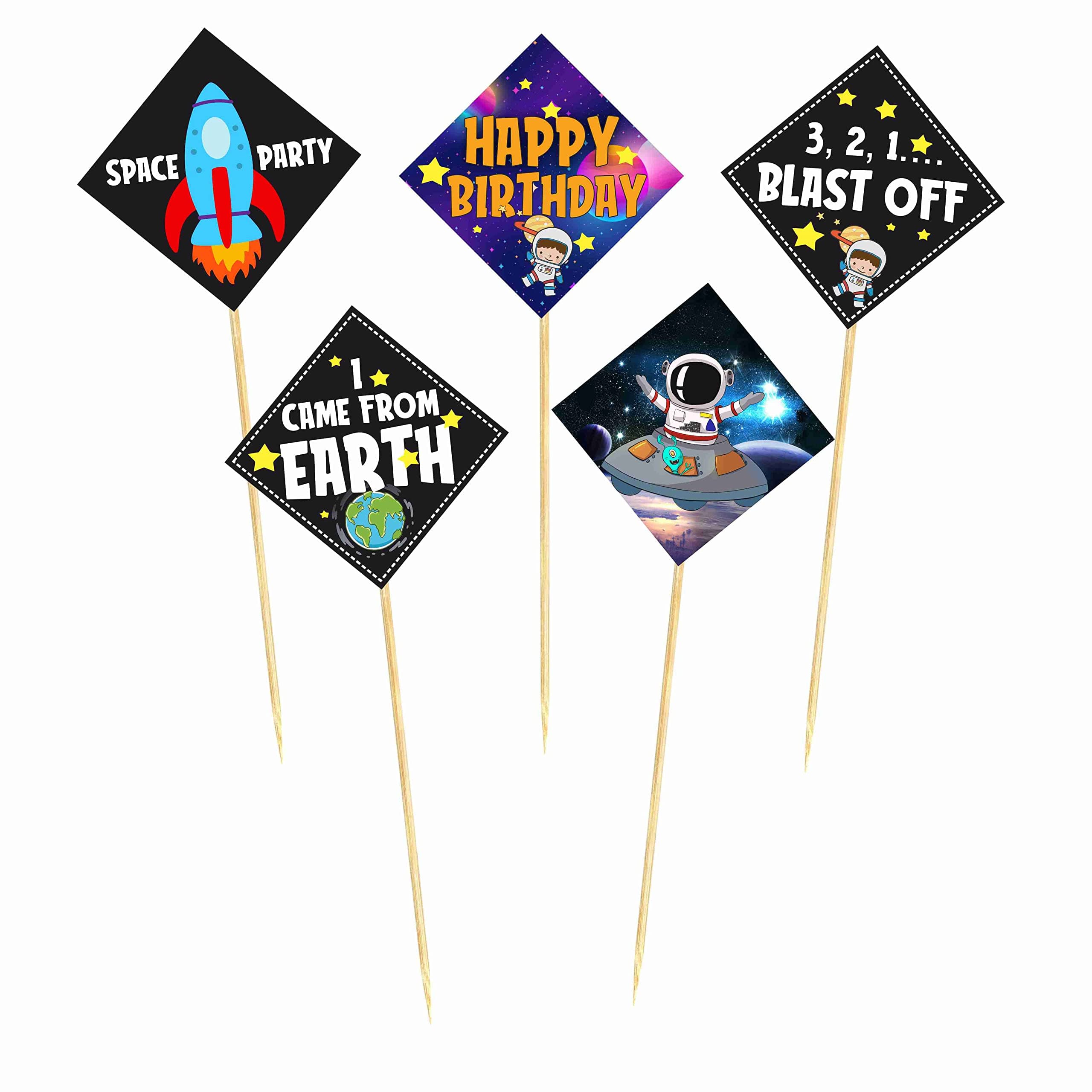 Balloonistics Space Theme Cake Topper Premium Cardstock Double-Sided Cake Decorations with Bamboo Sticks Party Supplies for Kids (Cake Topper - Pack of 10) thumbnail 2
