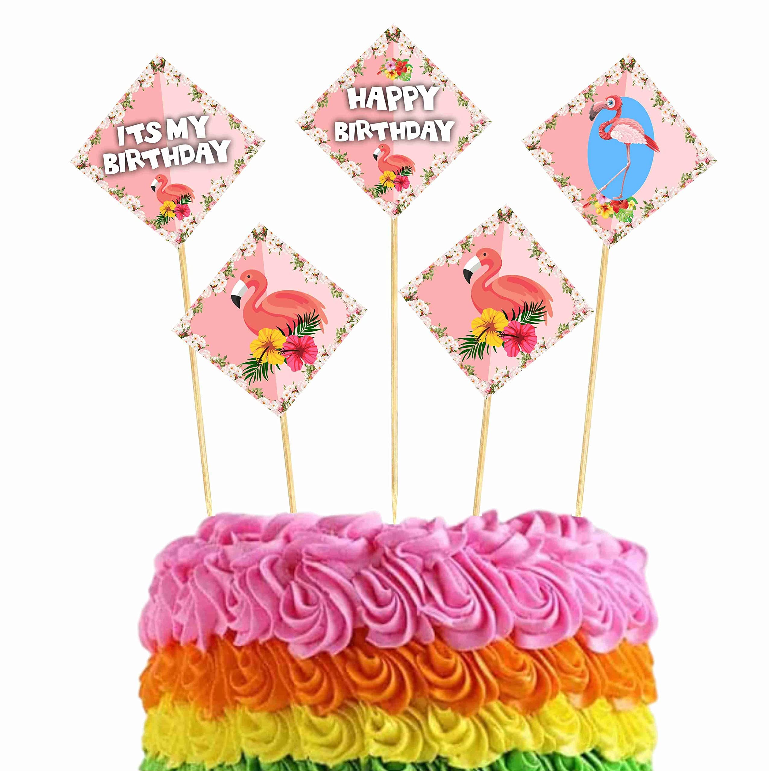 Balloonistics Flamingo Happy Birthday Cake Toppers - Pack of 10 Tropical Luau Party Decorations - Premium Cardstock Pink Flamingo & Hibiscus Figures on Bamboo Sticks, Summer Birthday Backdrop (Cake Topper - Pack of 10) thumbnail 1