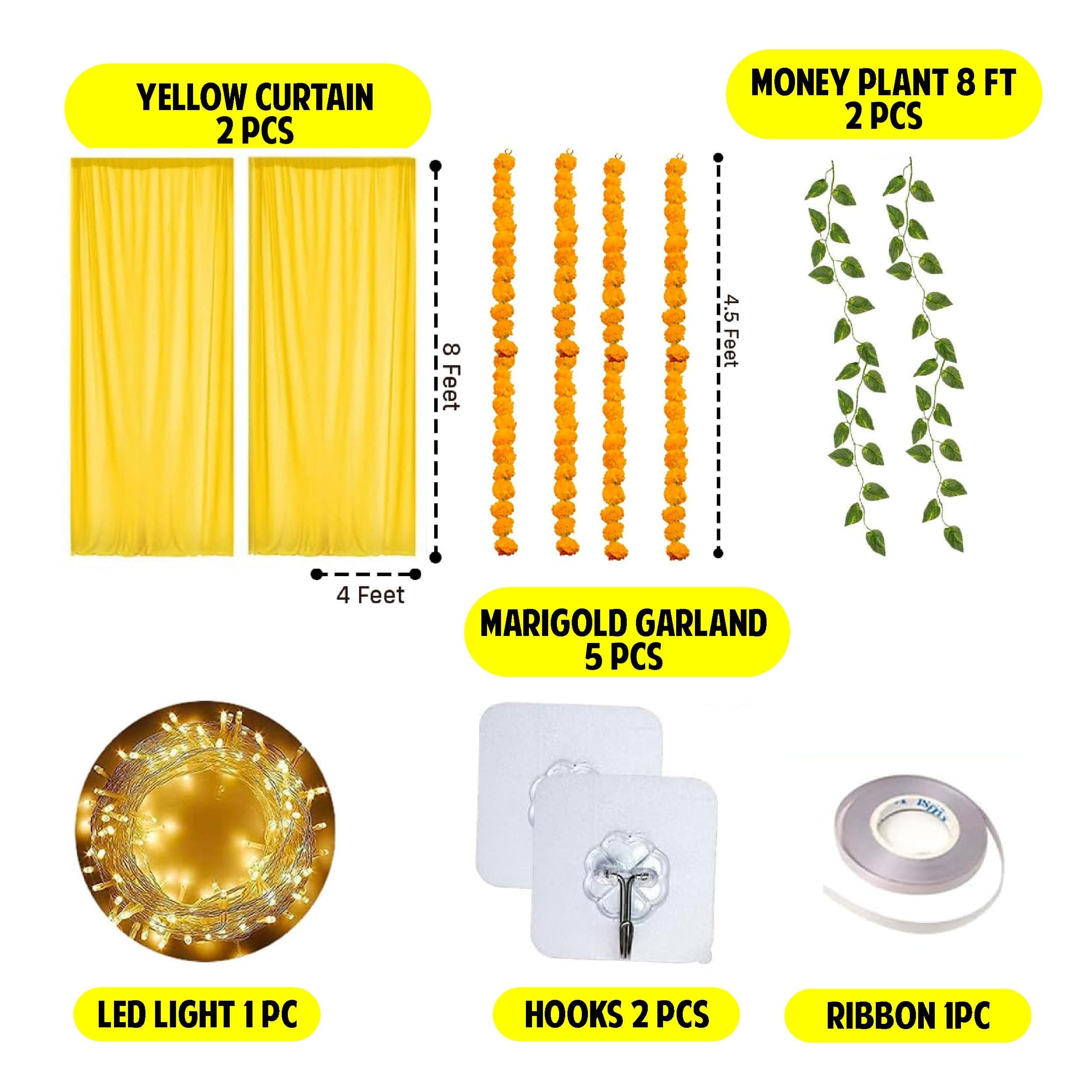 Balloonistics 13 Pcs Haldi & Mehendi Decoration Kit – Vibrant Yellow Backdrop Curtains with Marigold Garlands, Money Plant Vines & Easy Install Hooks – DIY Home Celebration Set thumbnail 3