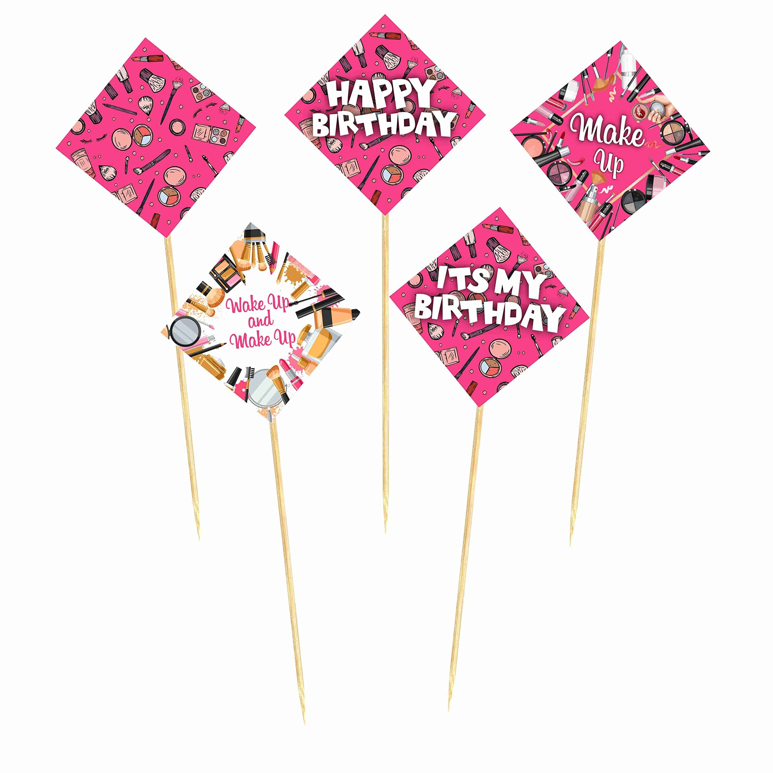 Balloonistics Makeup Theme Happy Birthday Cake Topper - Pack of 10 Premium Cardstock Decorations - Spa Day, Glamour & Salon Party Supplies - Includes Sturdy Bamboo Sticks thumbnail 2
