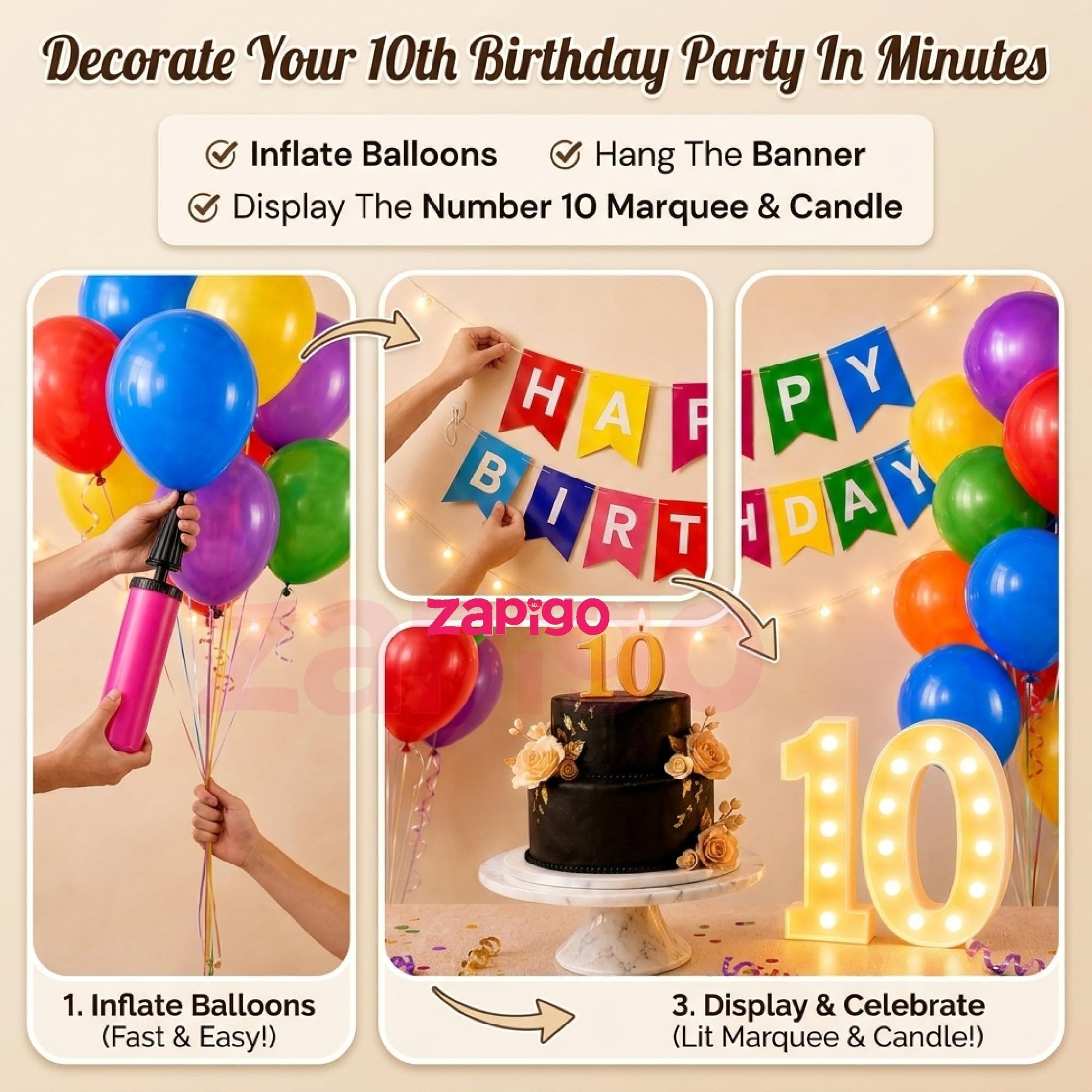Balloonistics 55 Pcs 10th Birthday Decoration Kit – Number 10 Foil Balloons, Happy Birthday Banner, Latex Balloons & Arch Tools for Party Decorations, Milestone Celebrations, Photo Booth Backdrop thumbnail 4