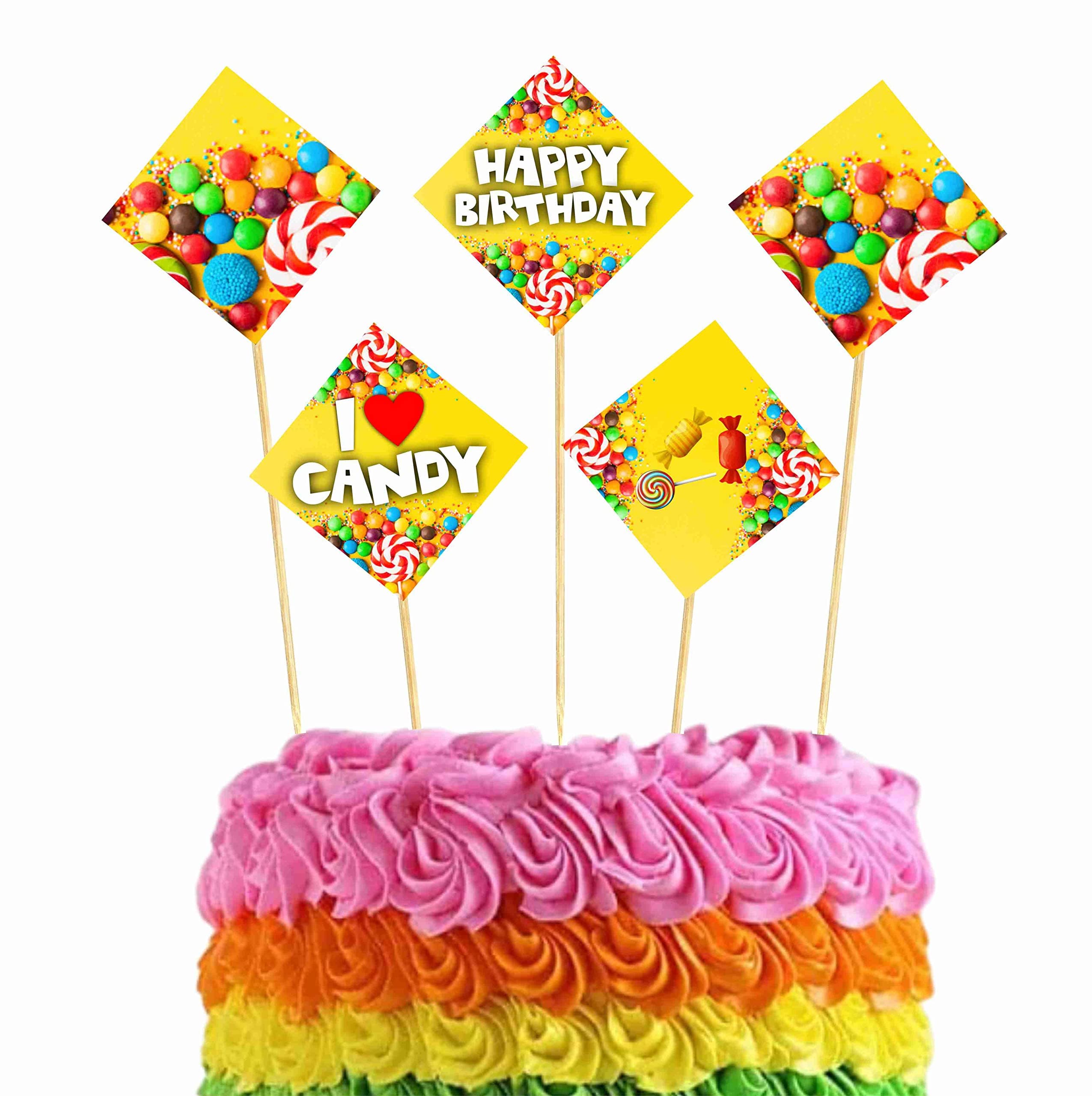 Balloonistics Candy Theme Happy Birthday Cake Topper - Vibrant Lollipop & Sweet Shop Cardstock Decor - Colorful Candyland Party Supplies, Sweet One Birthday Cake Sign(Cake Topper - Pack of 10)