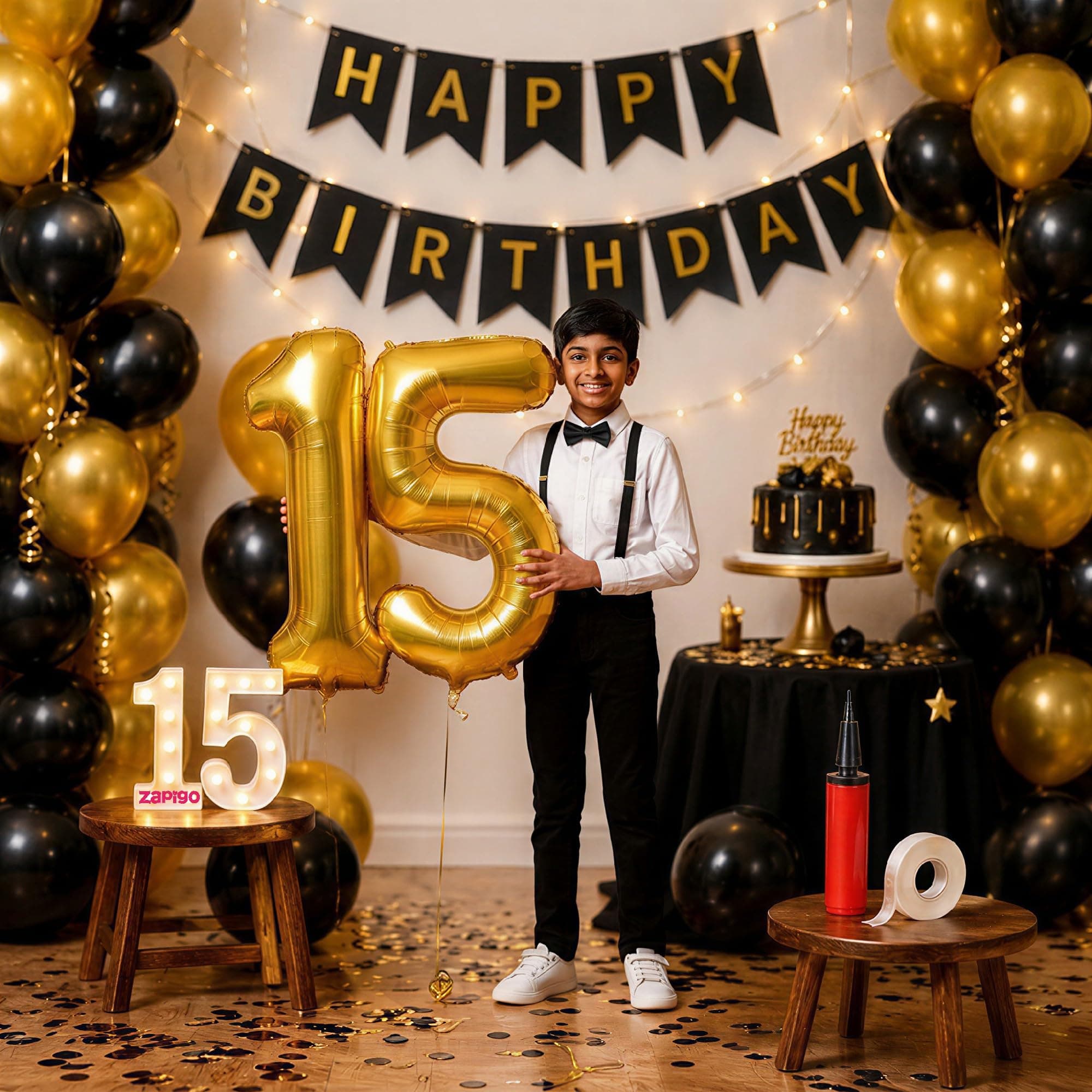 Balloonistics 15th Birthday Decoration Combo Kit - 40 Inch Gold Foil Number Balloon, LED Marquee Light, 50 Black & Gold Balloons, Happy Birthday Banner, Balloon Pump & Glue Dots thumbnail 1