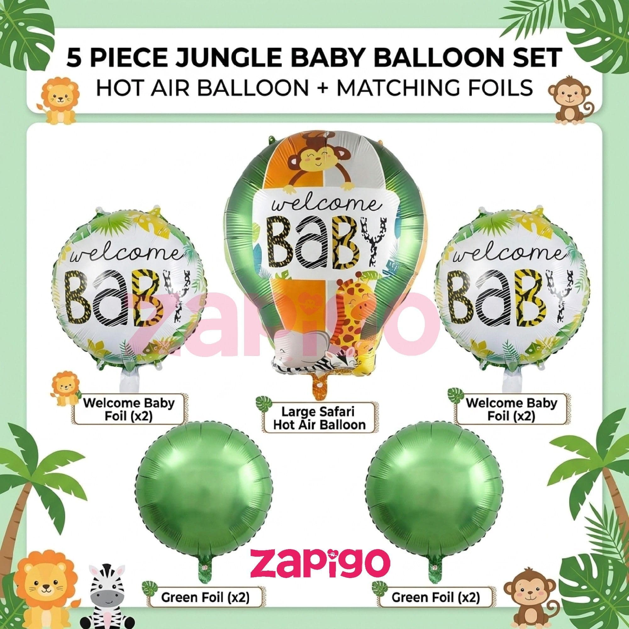Balloonistics Welcome Baby Jungle Theme Happy Birthday Balloon Bouquet Pack Of 5 thumbnail 2